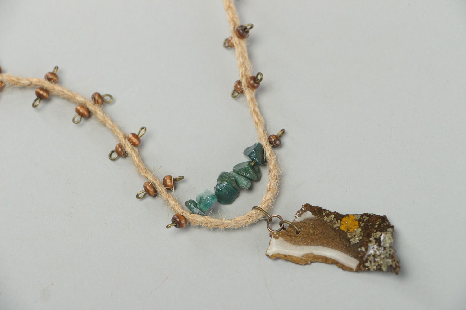 Handmade designer botanical pendant with bark and natural stone photo 3