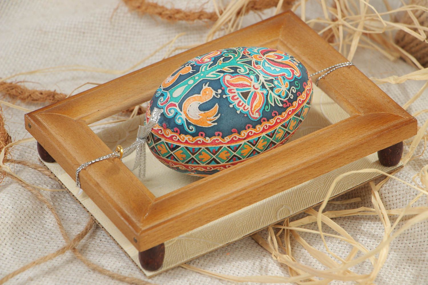 Handmade decorative painted Easter goose egg with wooden frame wall hanging  photo 1