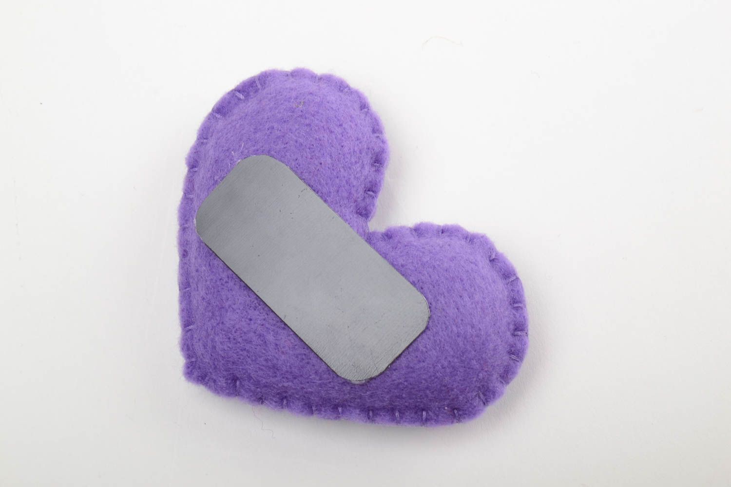 Handmade small felt soft toy fridge magnet violet heart with green letters photo 3