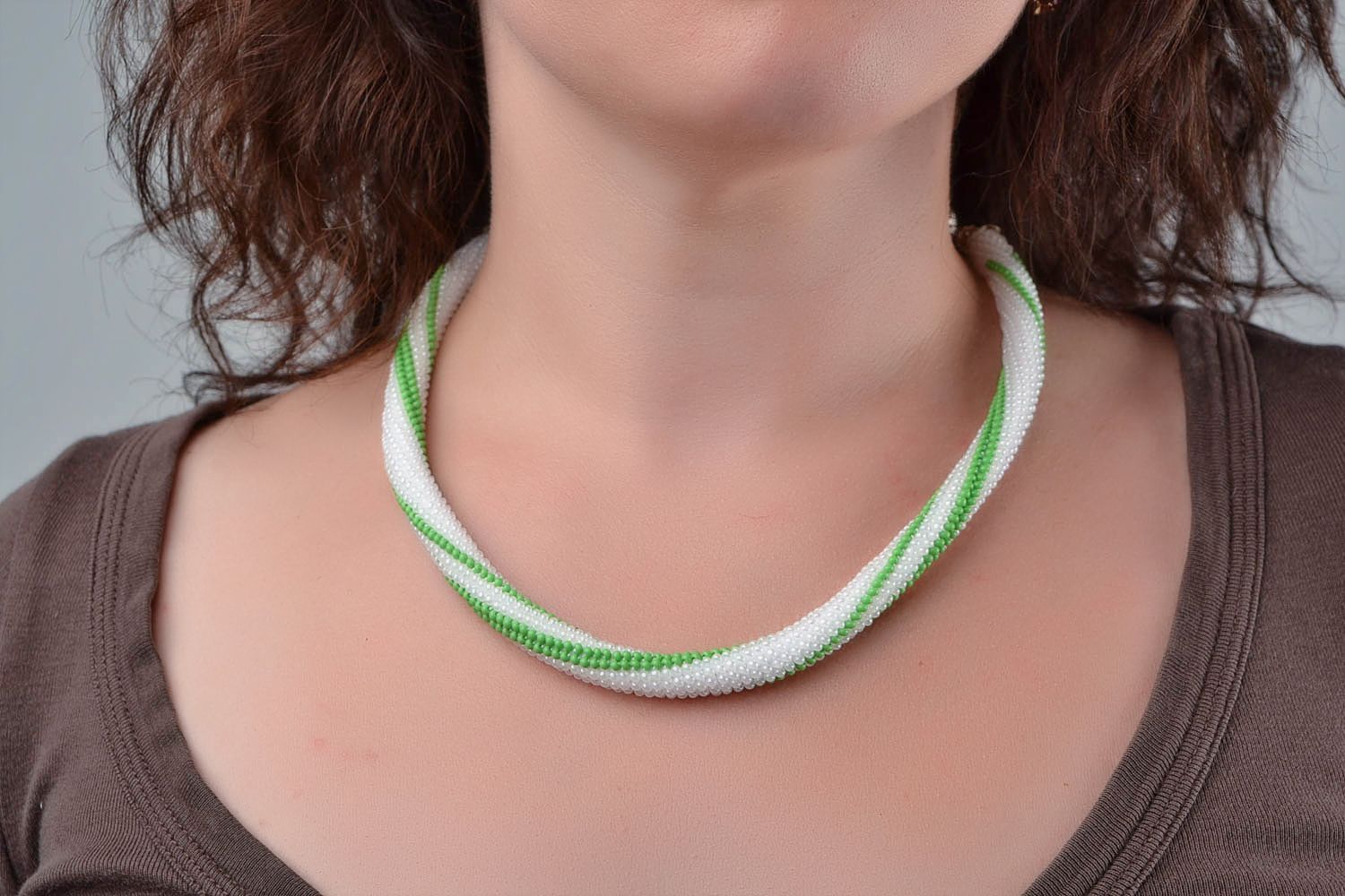 Handmade designer laconic woven beaded cord necklace white and green photo 2