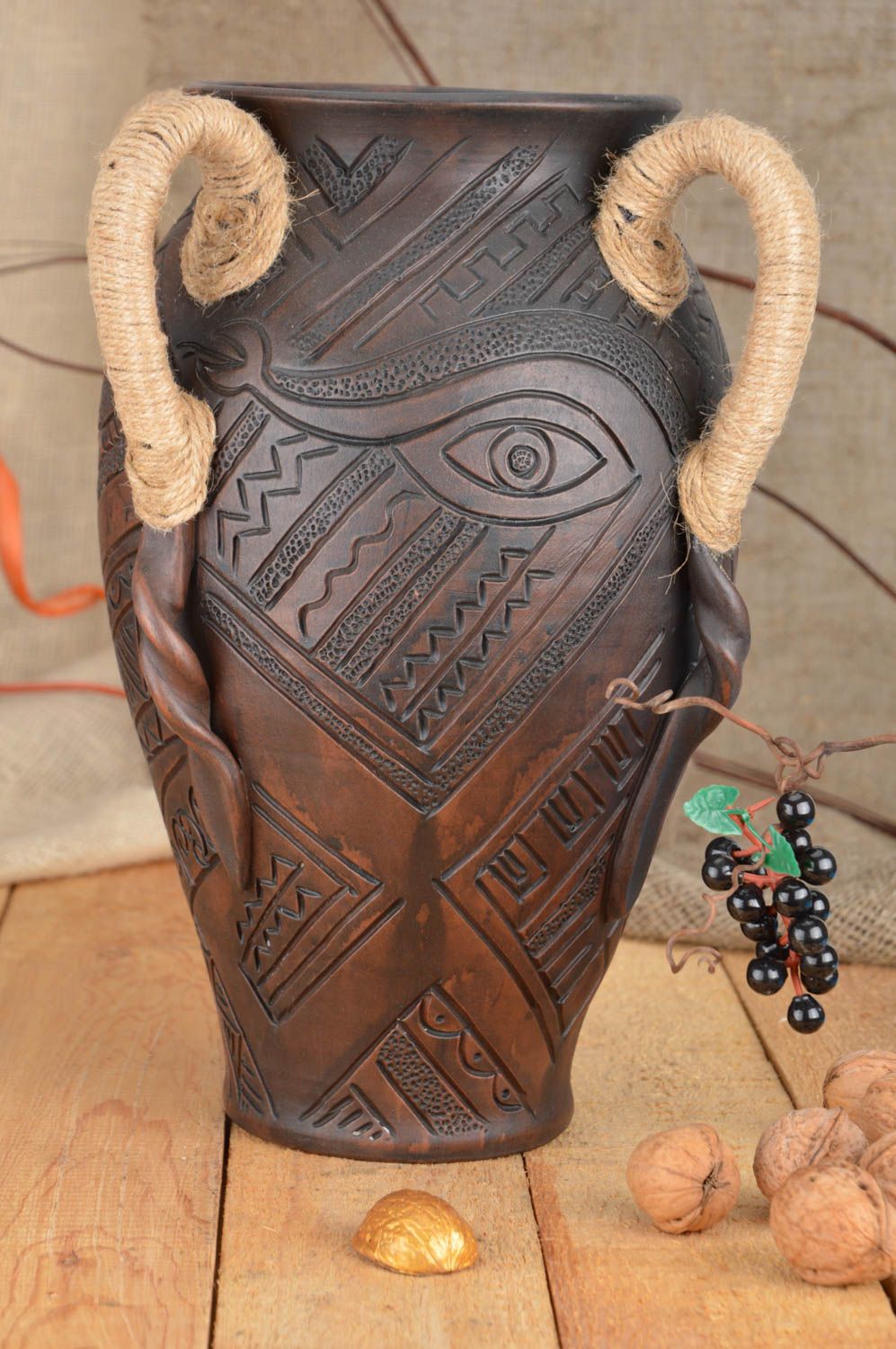 Vase artisanal terre cuite marron 4 anses 3 L à motif original décor fait main photo 1