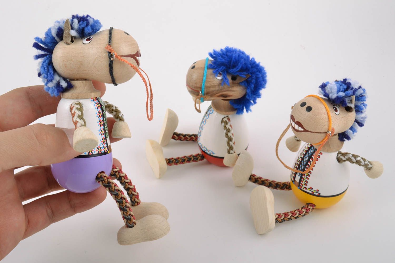Beautiful designer painted wooden toys set 3 pieces handmade Horses photo 2