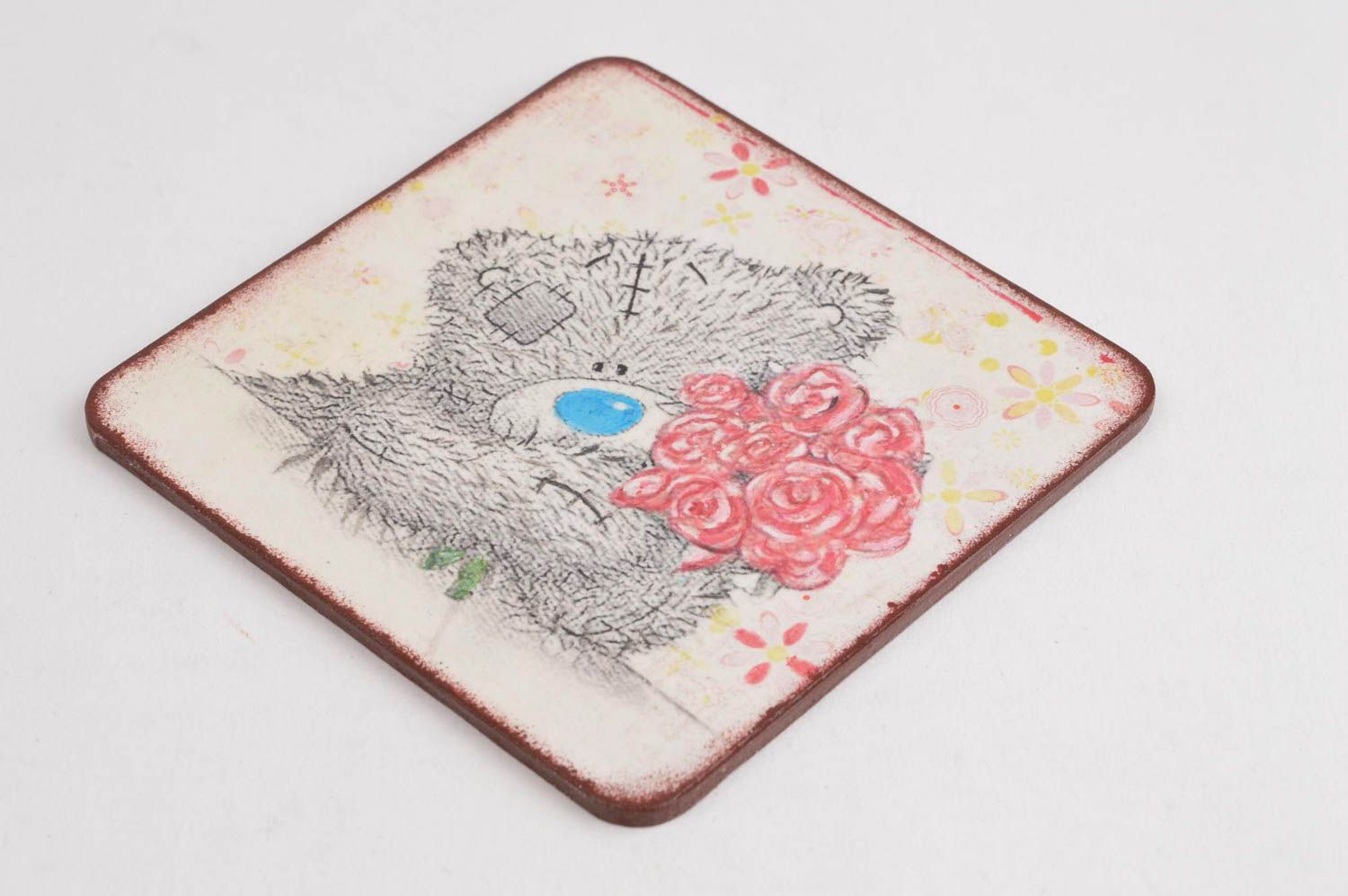 Stand for cup handmade stand dish coaster decor decoupage Bear with flowers photo 3