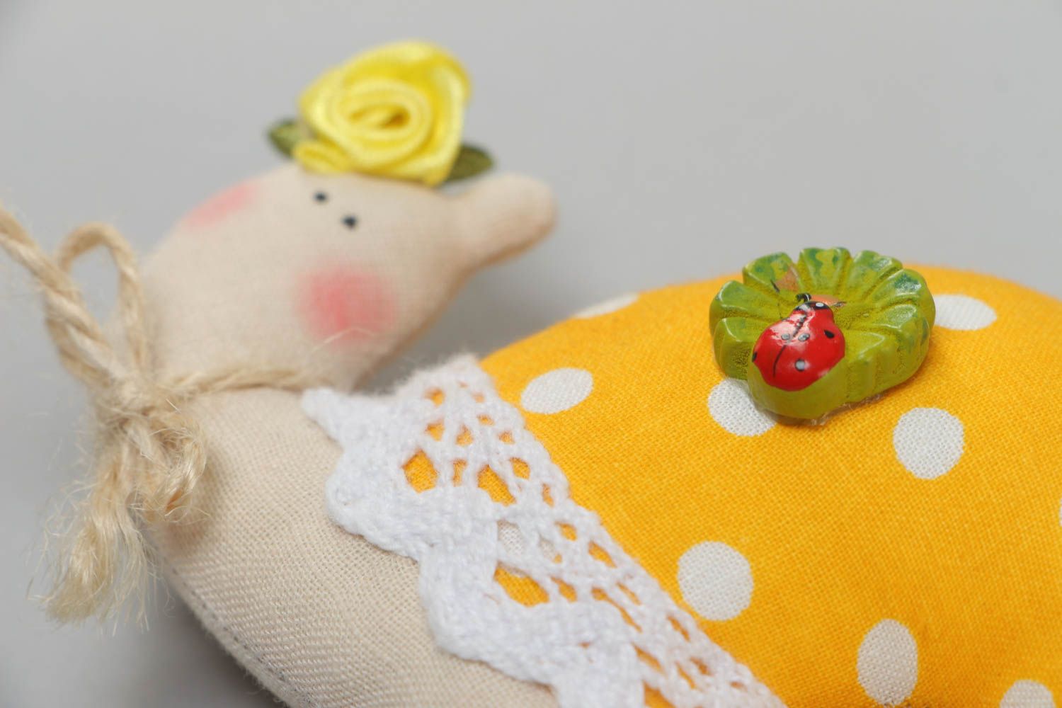 Soft fabric toy keychain handmade yellow snail with lace good present for children photo 3