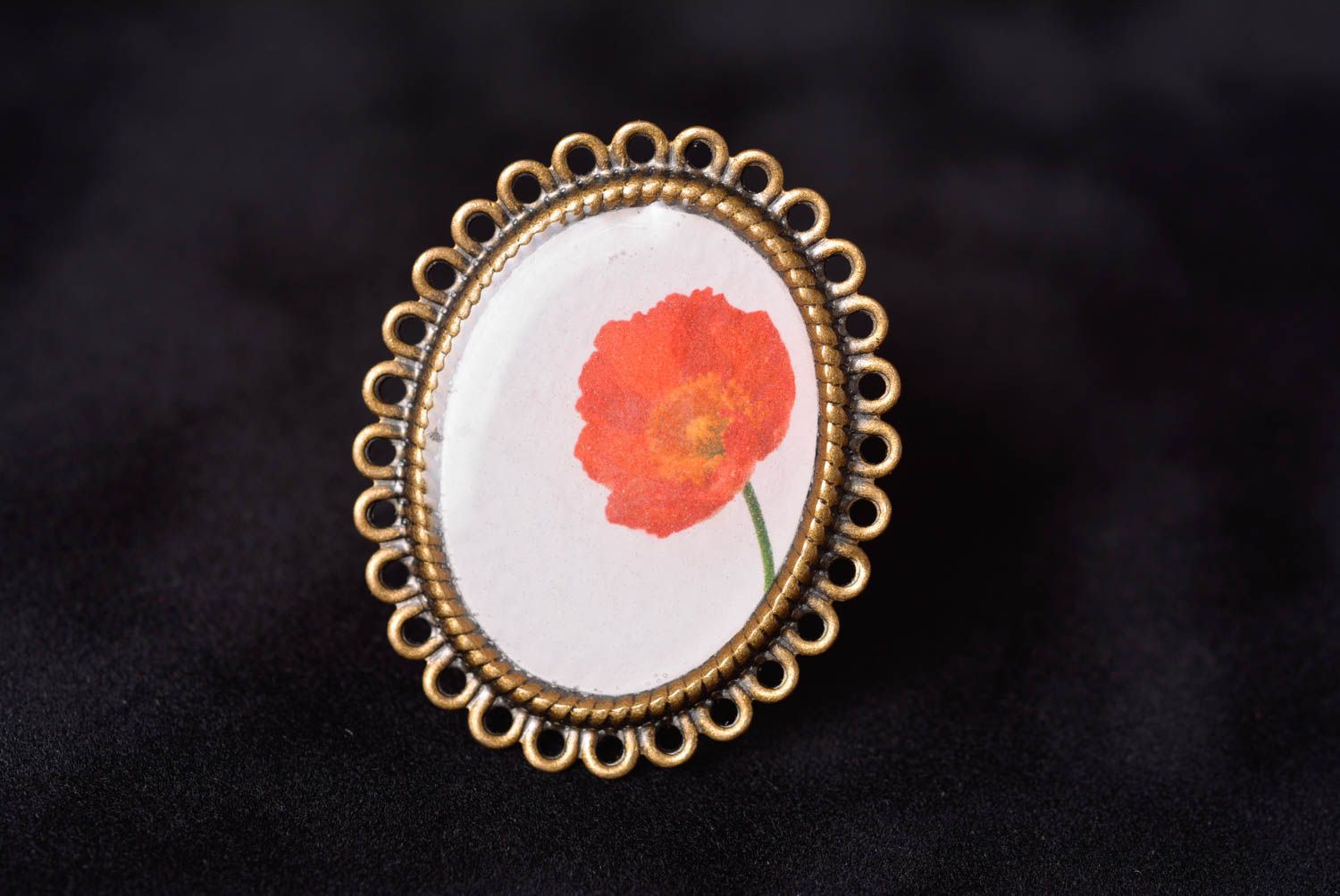 Handmade vintage oval ring with metal basis and floral print in epoxy resin photo 5