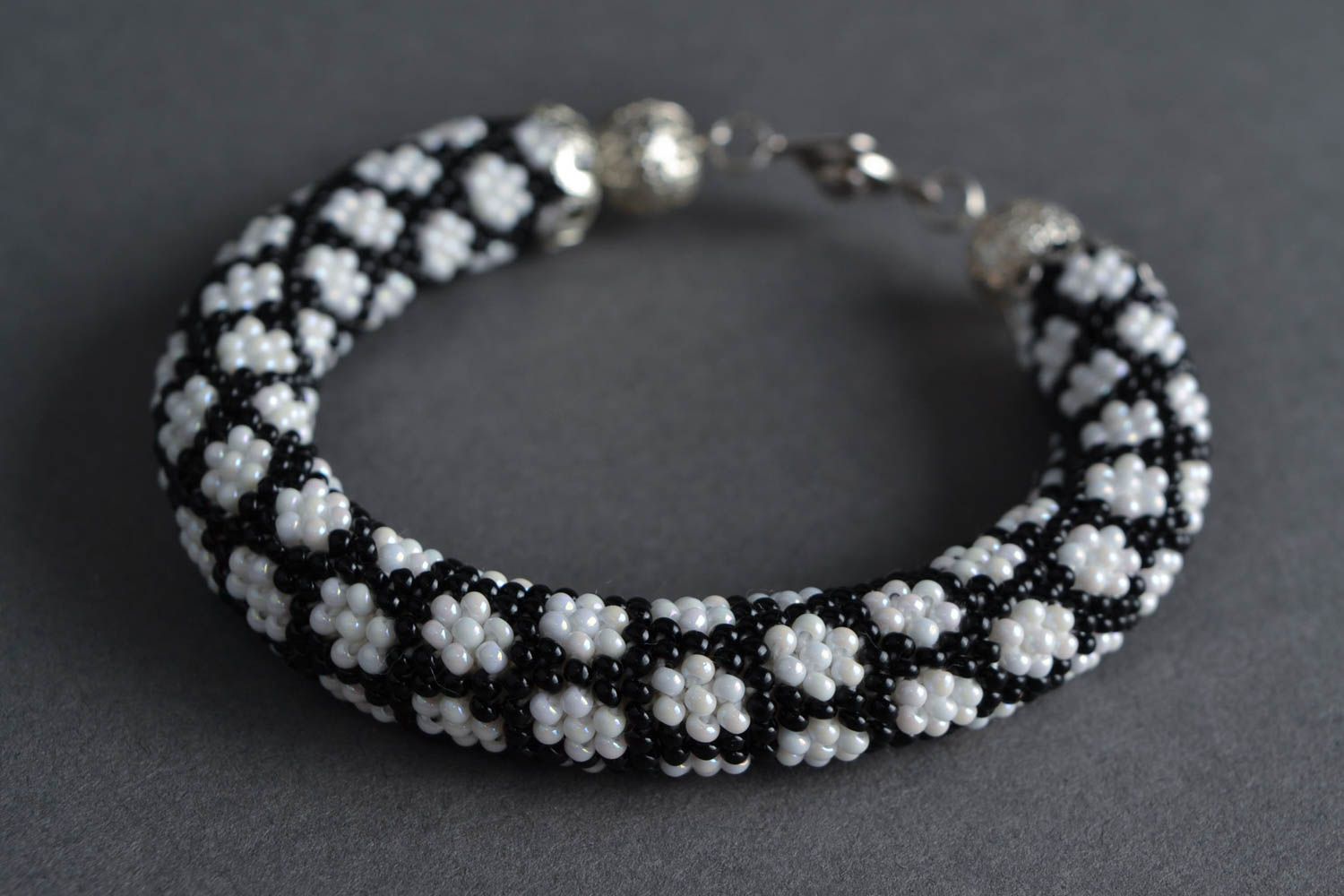 Handmade stylish volume beautiful black and white cord beaded bracelet  photo 1