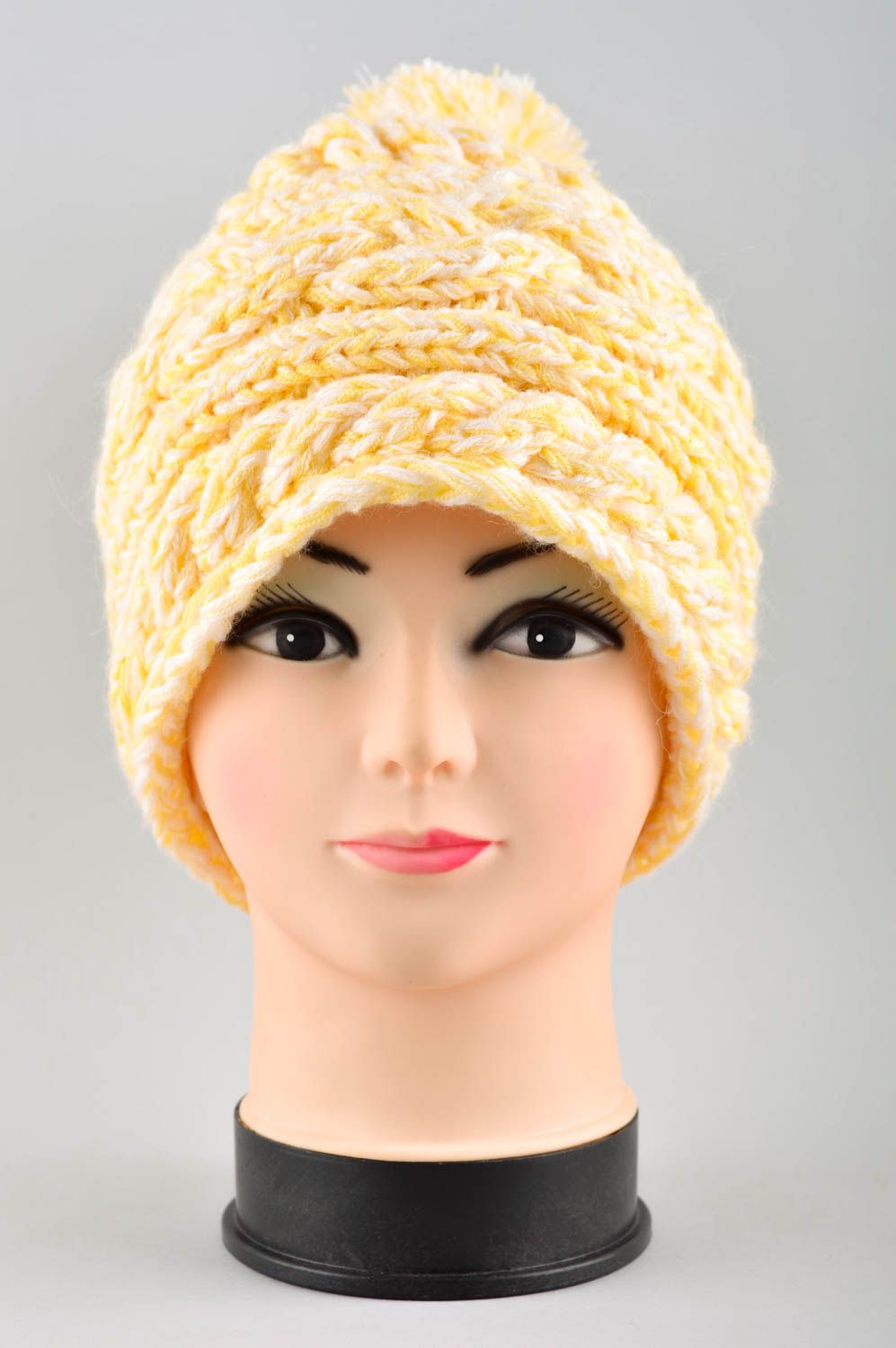 Handmade knitted cap beautiful bright hat warm winter headwear cute cap photo 2