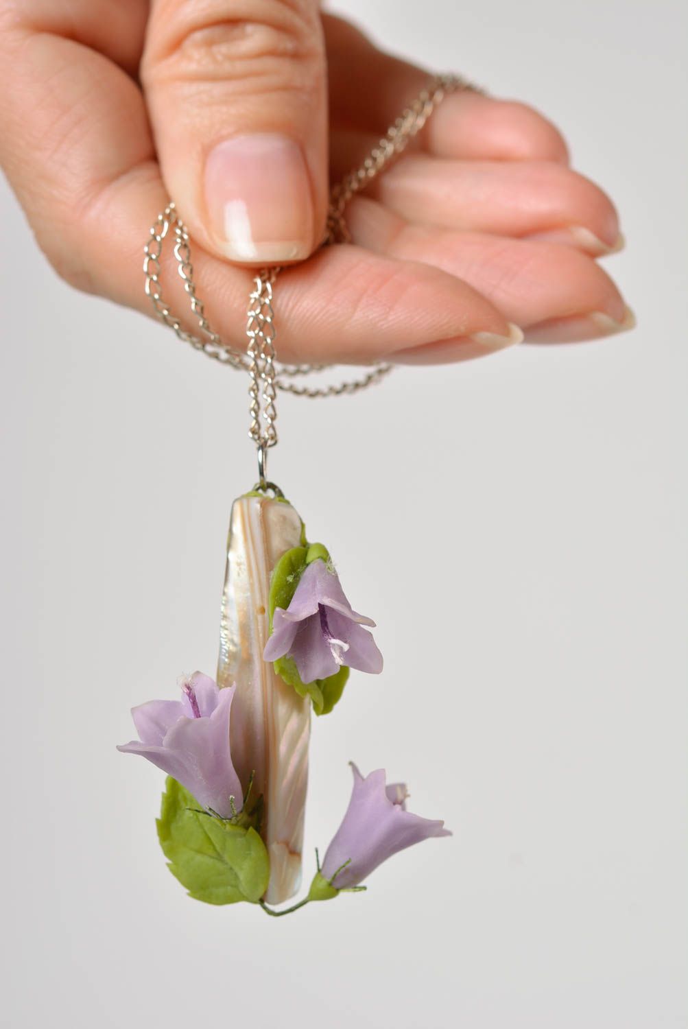 Women's handmade designer polymer clay flower pendant on chain photo 4
