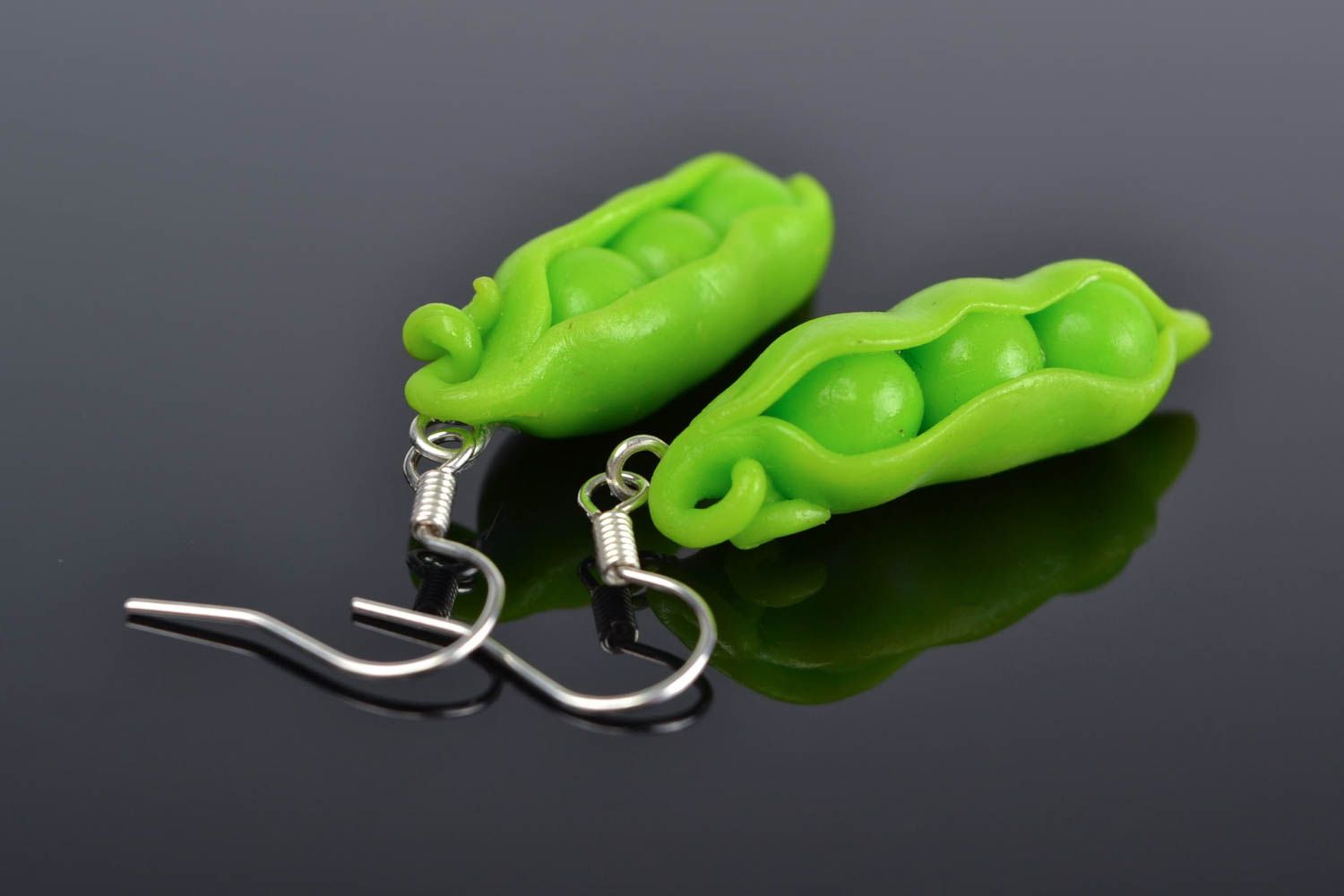 Unusual handmade polymer clay earrings of lime color Pea Pods photo 1