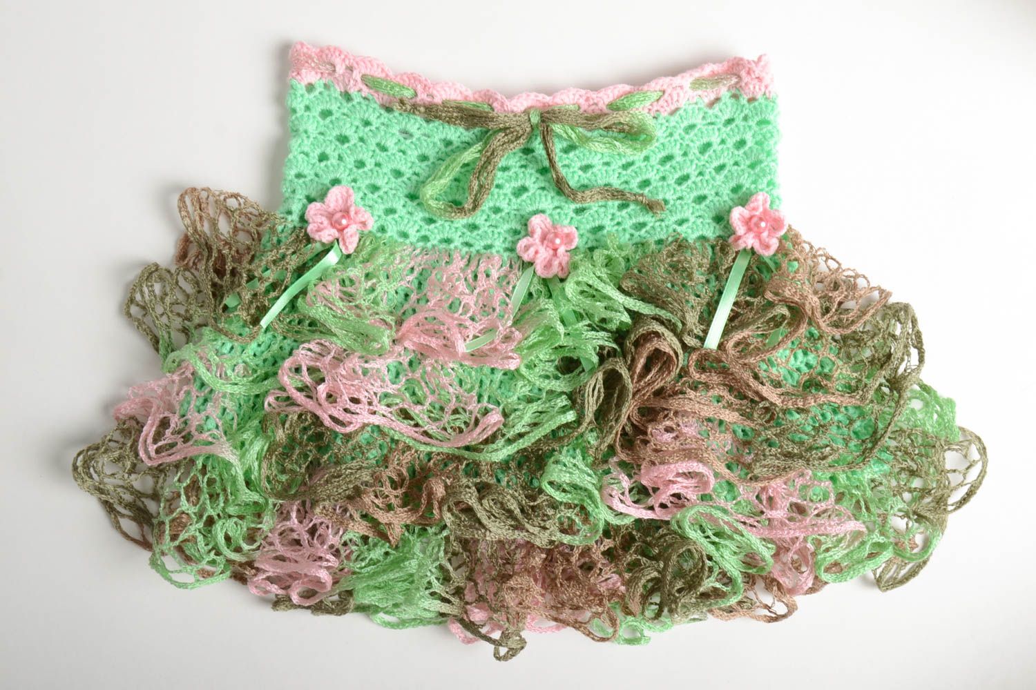 Jupe fille fait main Jupe tricot au crochet design vert rose Vêtement fille photo 1