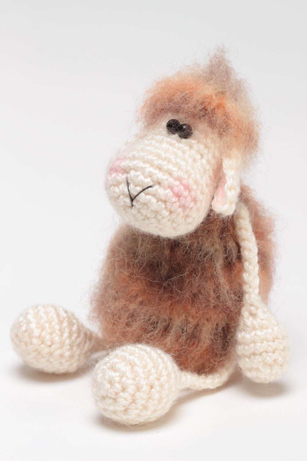 Handmade small crocheted soft toy lamb with fluffy body in beige color shades photo 2