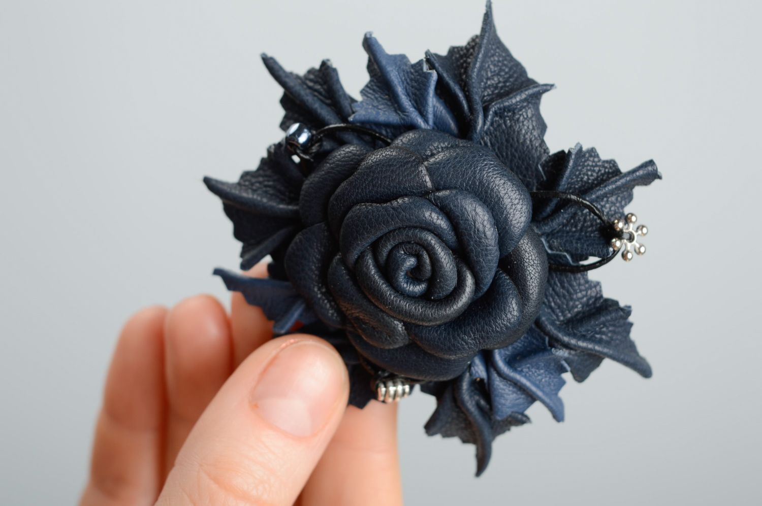 Handmade genuine leather brooch-hair clip Blue Rose photo 2