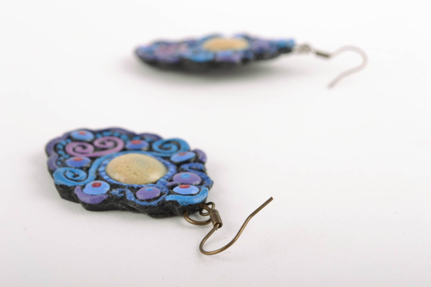 Blue polymer clay earrings with ornament photo 5