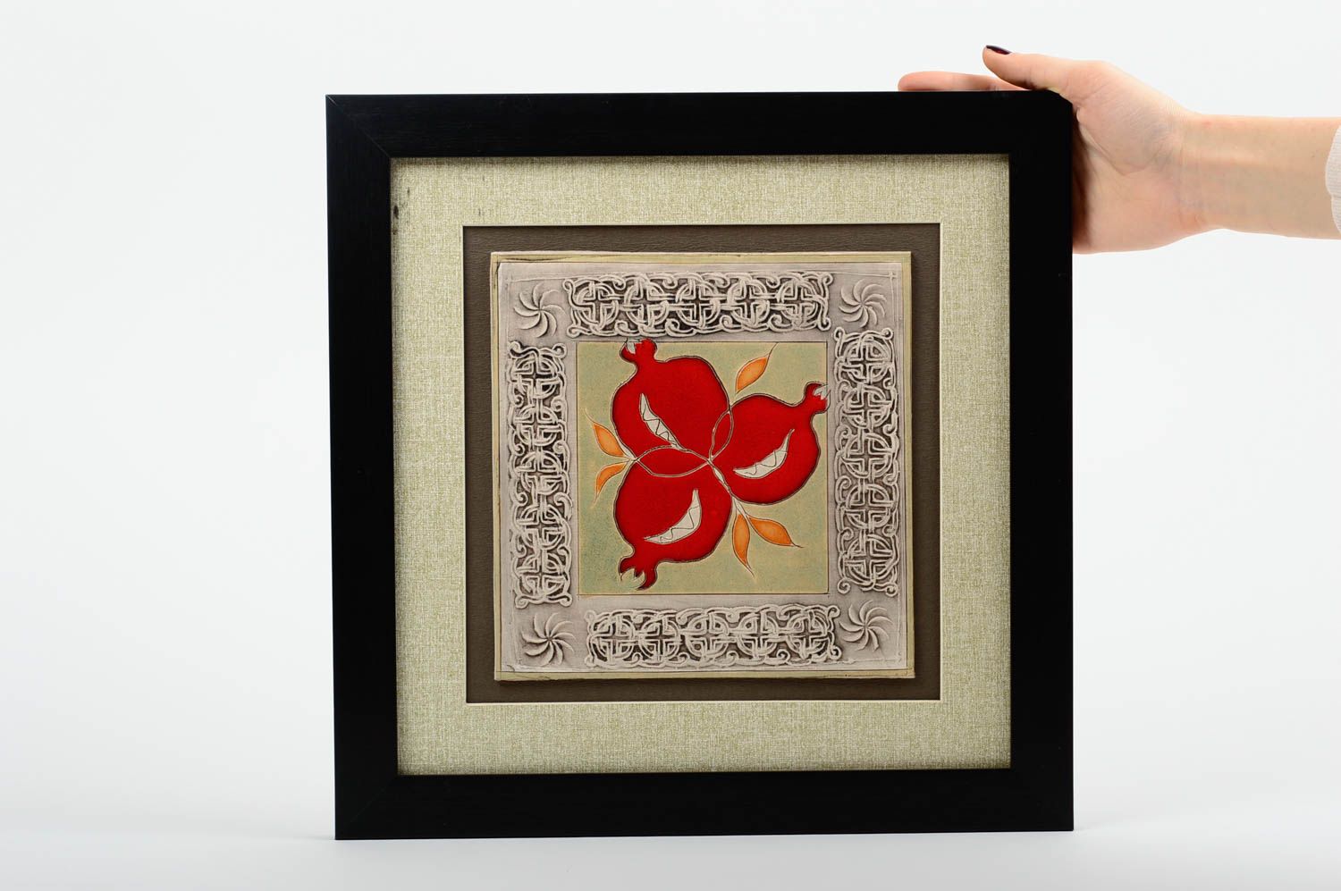 Handmade ceramic tile in frame unusual home decor cute stylish wall panel photo 1