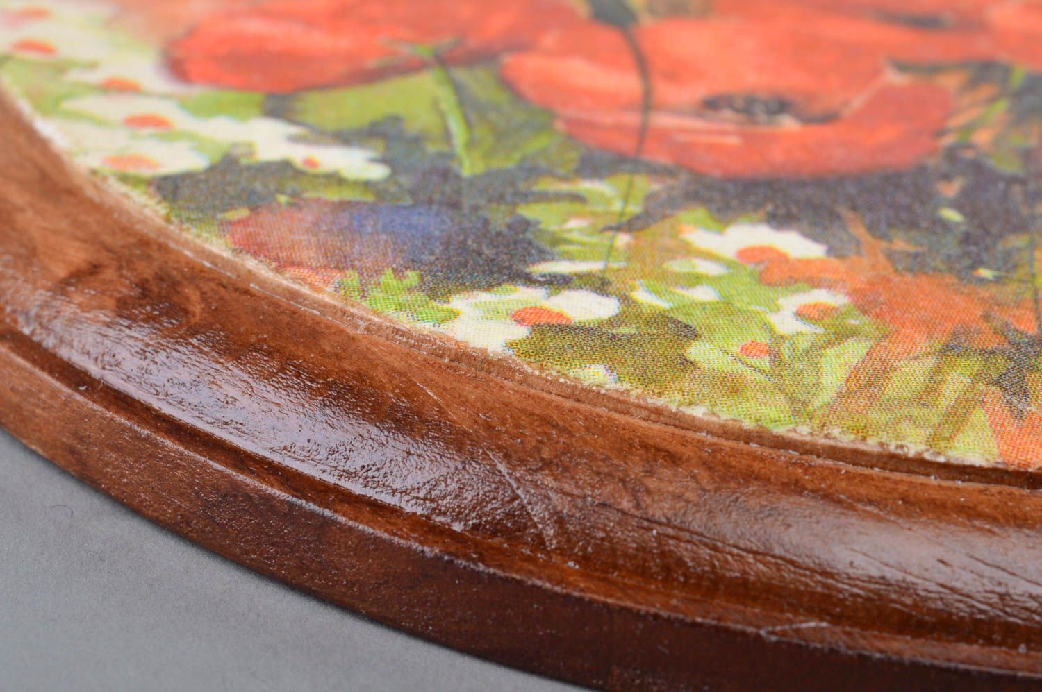 Tableau peinture en bois rond fait main original décoration Champ de pavots photo 2