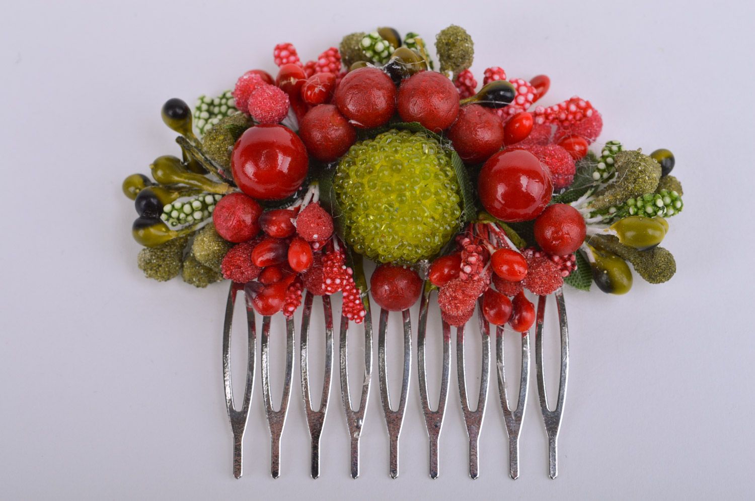 Beautiful handmade decorative metal hair comb with volume flowers and berries photo 2