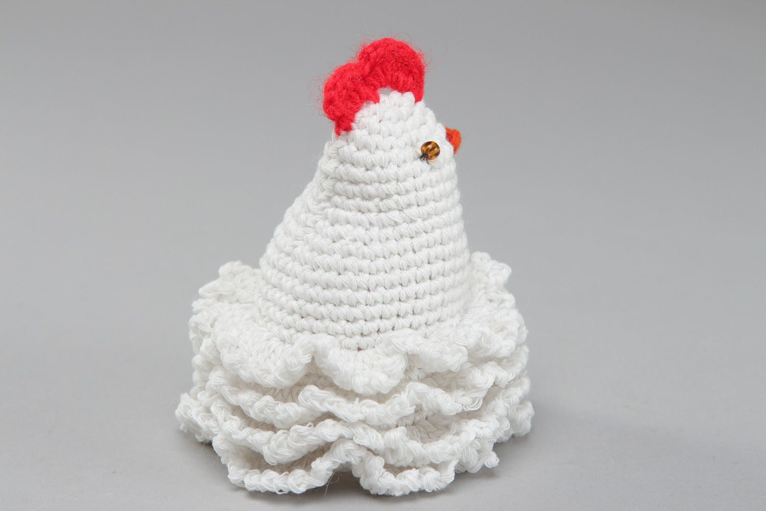 White handmade painted egg cover Easter chicken crocheted of cotton with beads  photo 2
