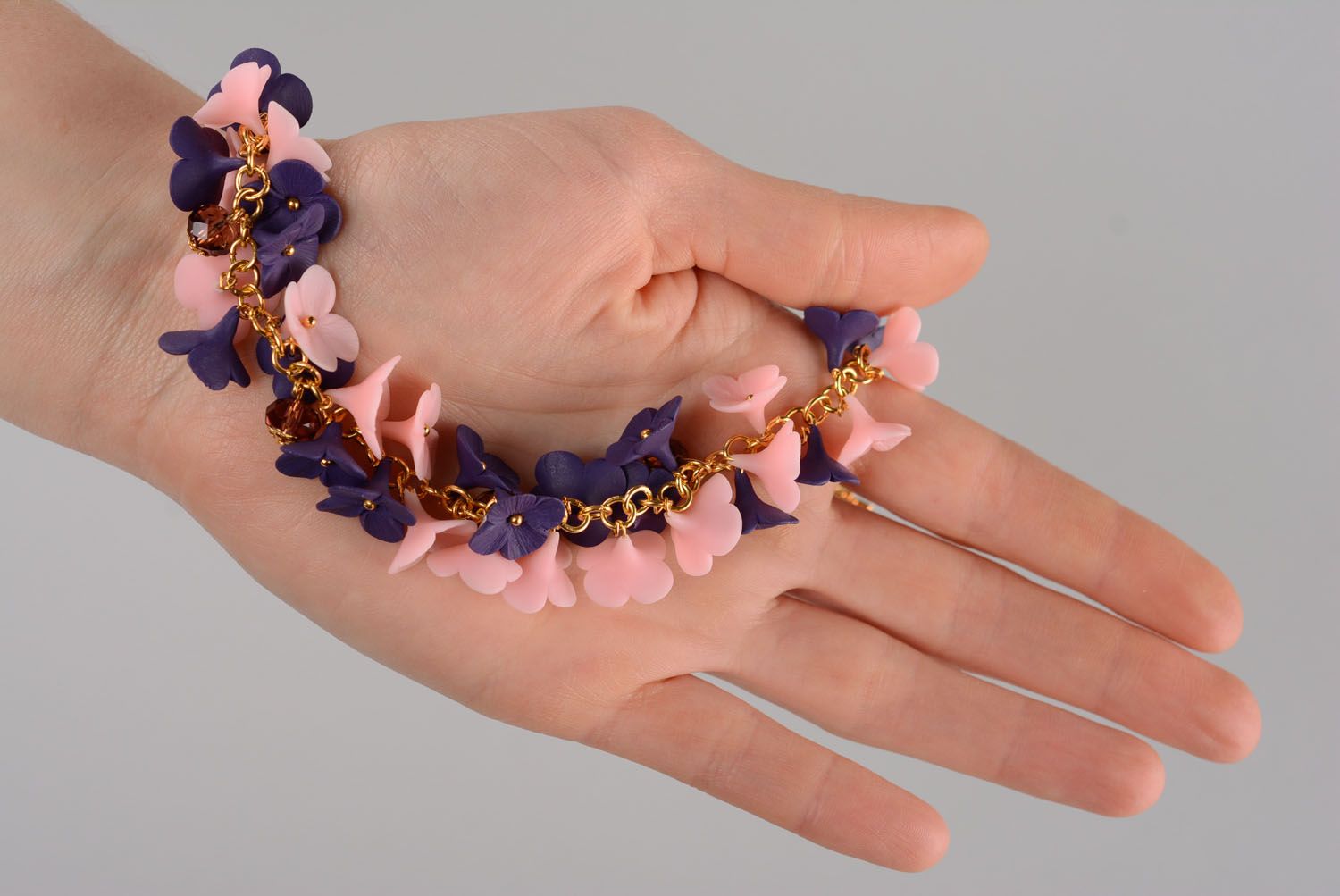 Charm bracelet with dark blue and pink field flowers for girls photo 6