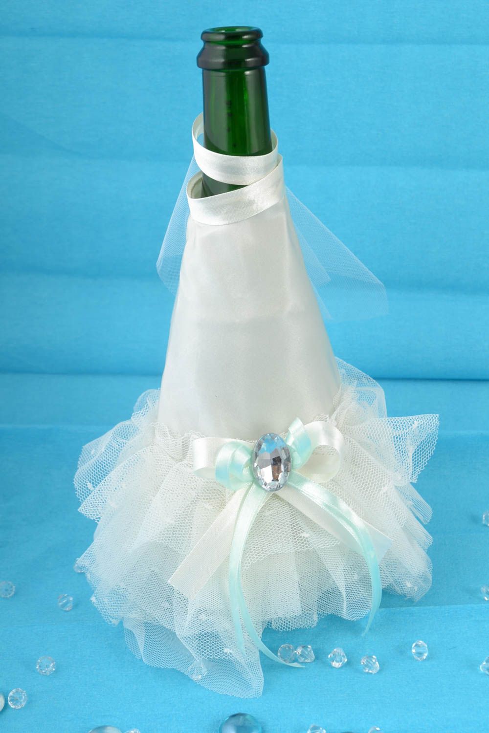 Handmade white clothes of bride for champagne bottle made of satin and veiling photo 1
