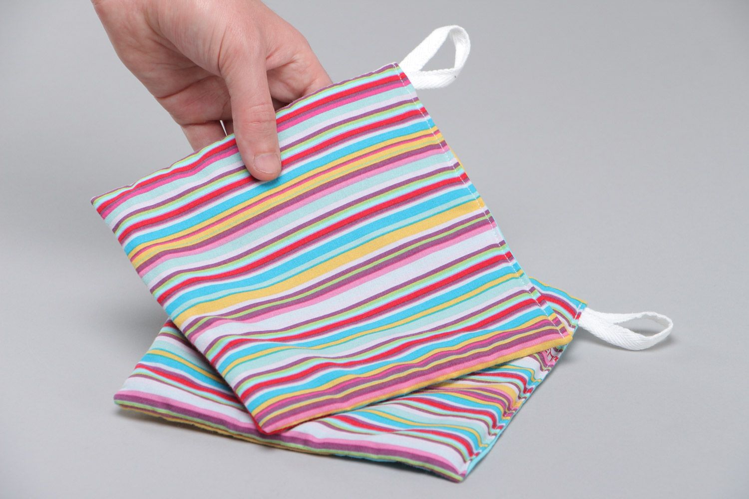 Set of two square pot holders sewn of colorful striped cotton fabric for kitchen photo 5
