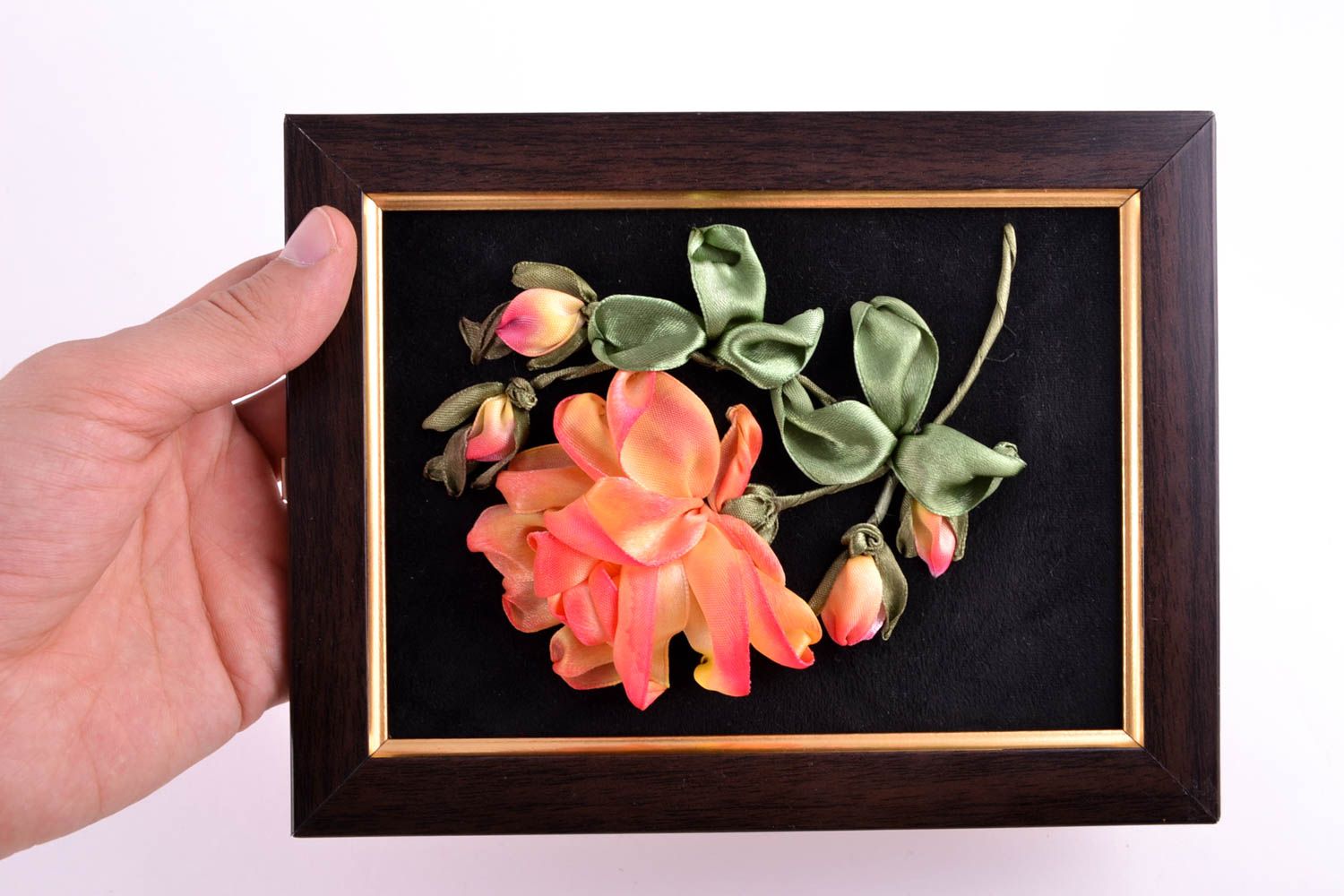 Handmade picture with flowers embroidered decoration with ribbons perfect gift photo 2