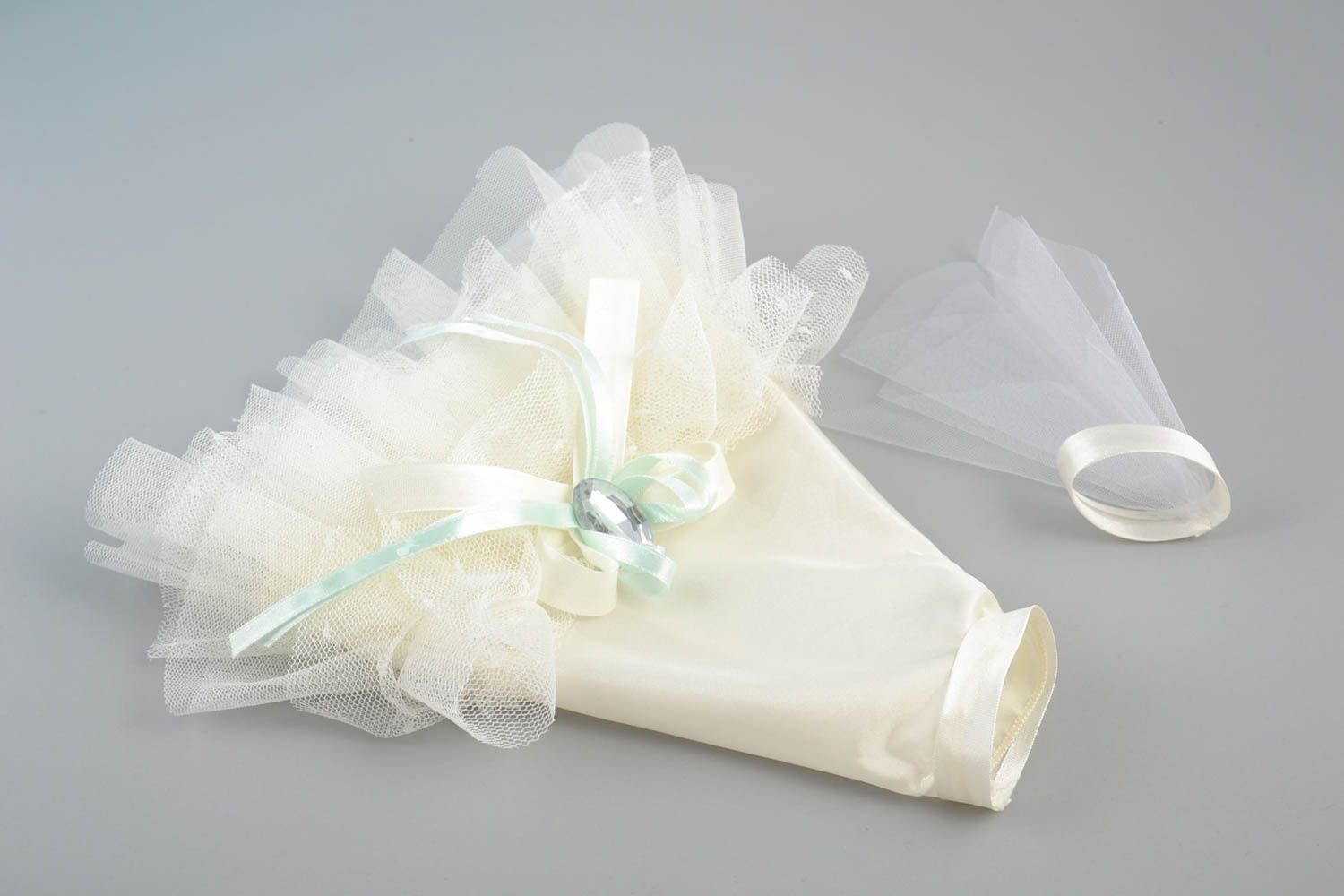 Handmade white clothes of bride for champagne bottle made of satin and veiling photo 2