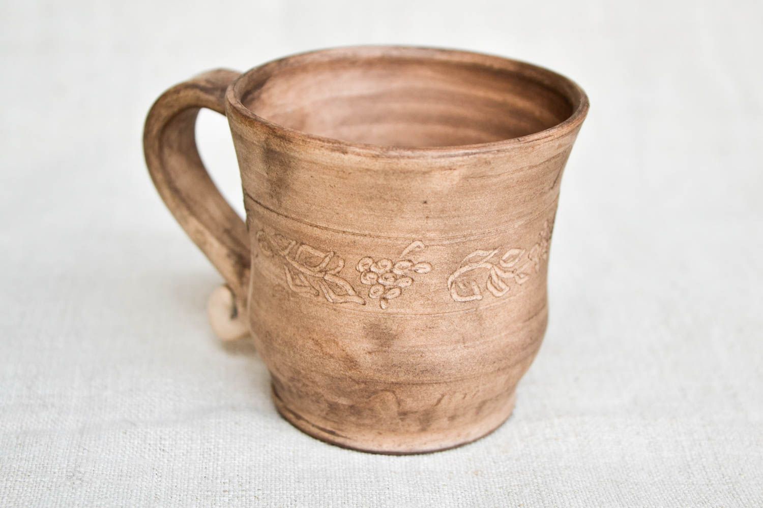 White clay rustic style handmade cup with floral pattern photo 5