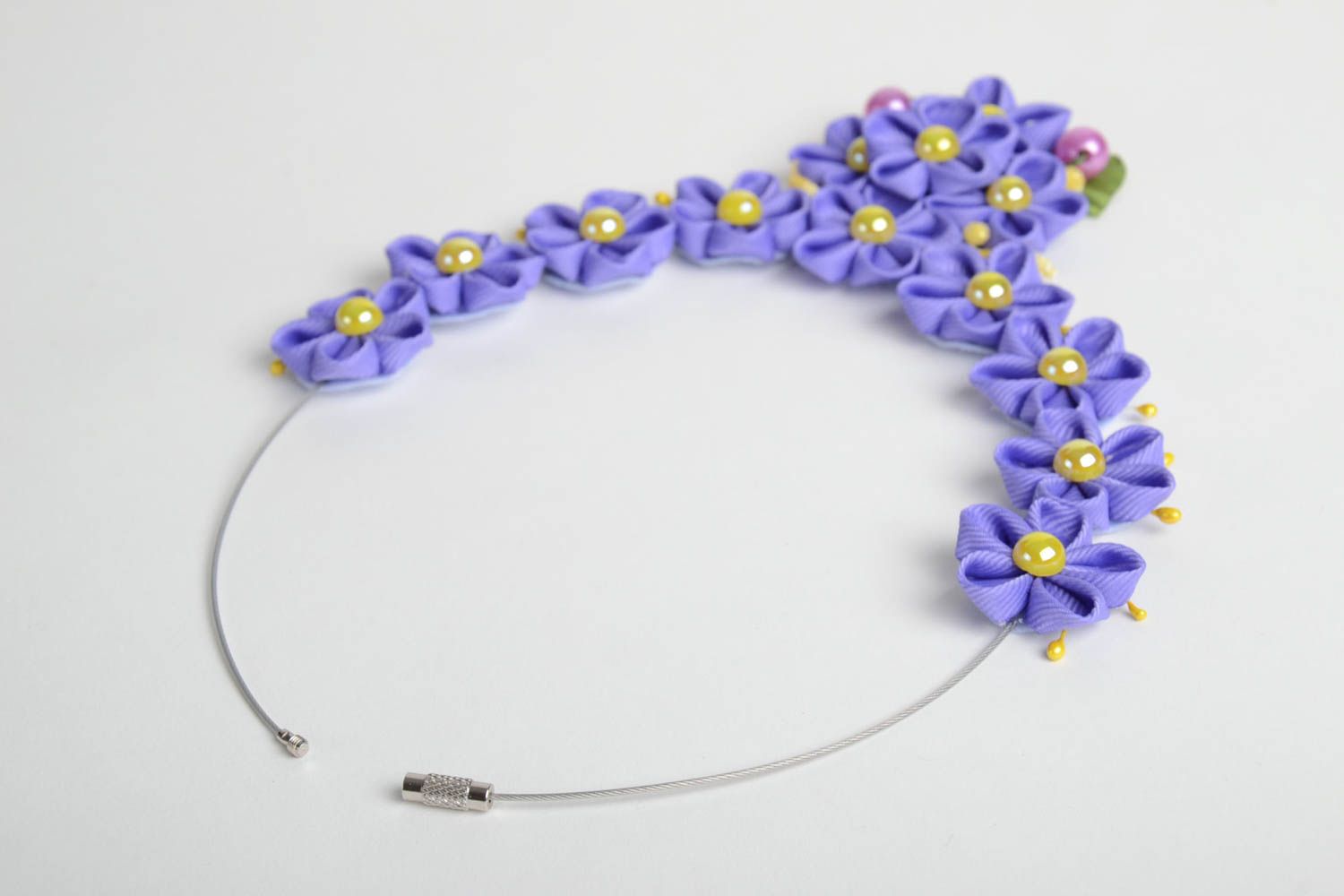Handmade designer necklace with violet rep ribbon kanzashi flowers and beads photo 4