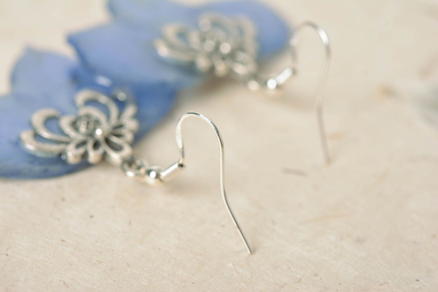 Beautiful festive blue handmade botanical earrings with epoxy coating photo 5
