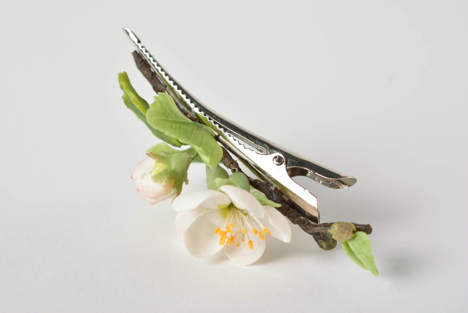 Handmade designer floral hair clip with polymer clay branch of blooming apricot photo 4