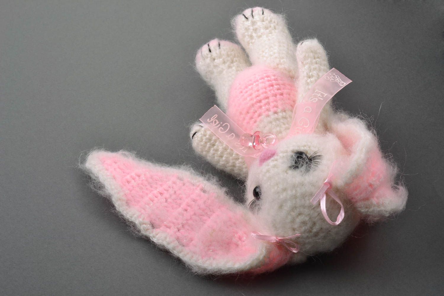 Handmade decorative toy bunny white with pink beautiful crocheted interior element photo 4