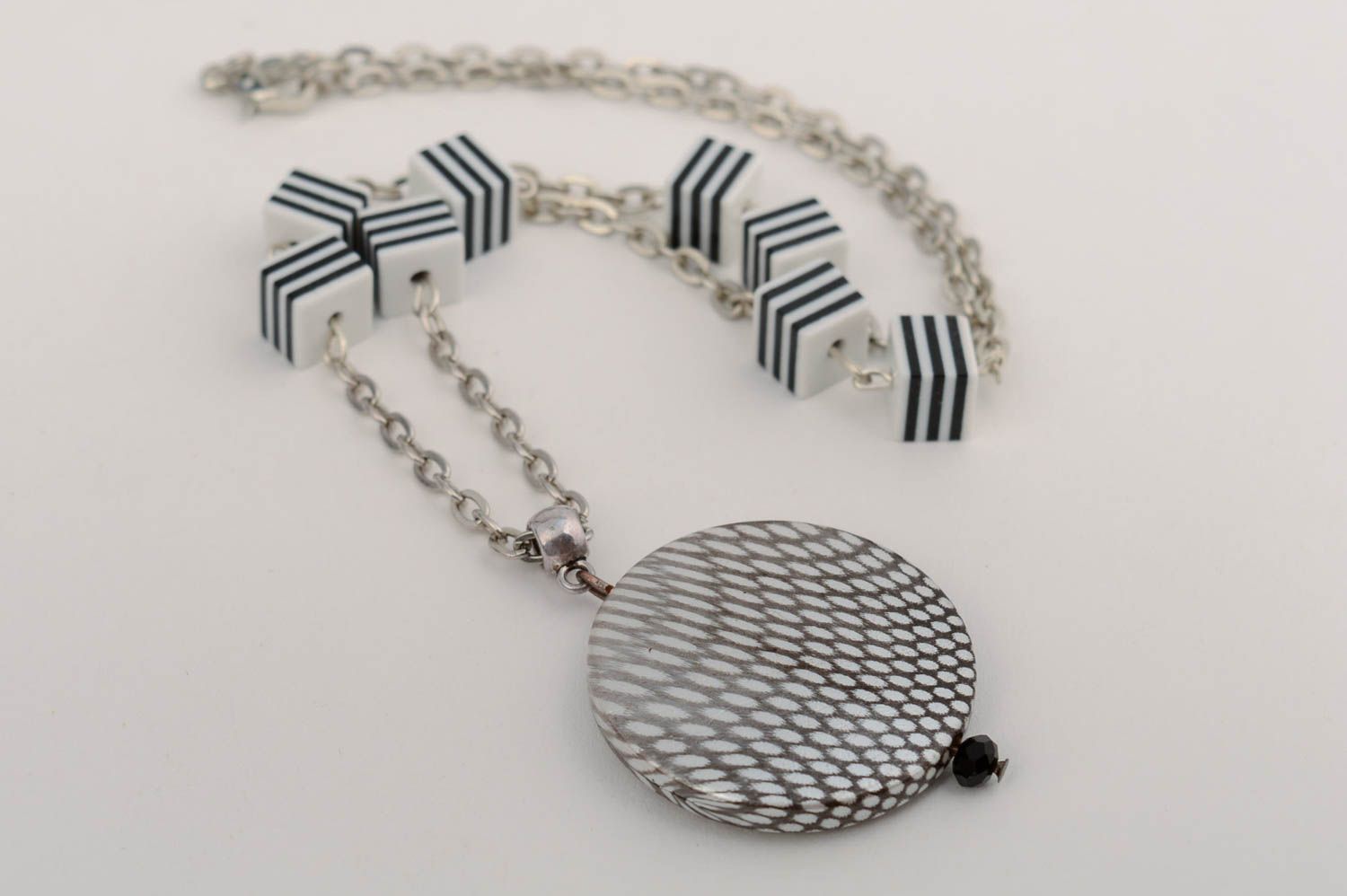 Beautiful handmade designer striped polymer clay bead necklace on chain photo 3