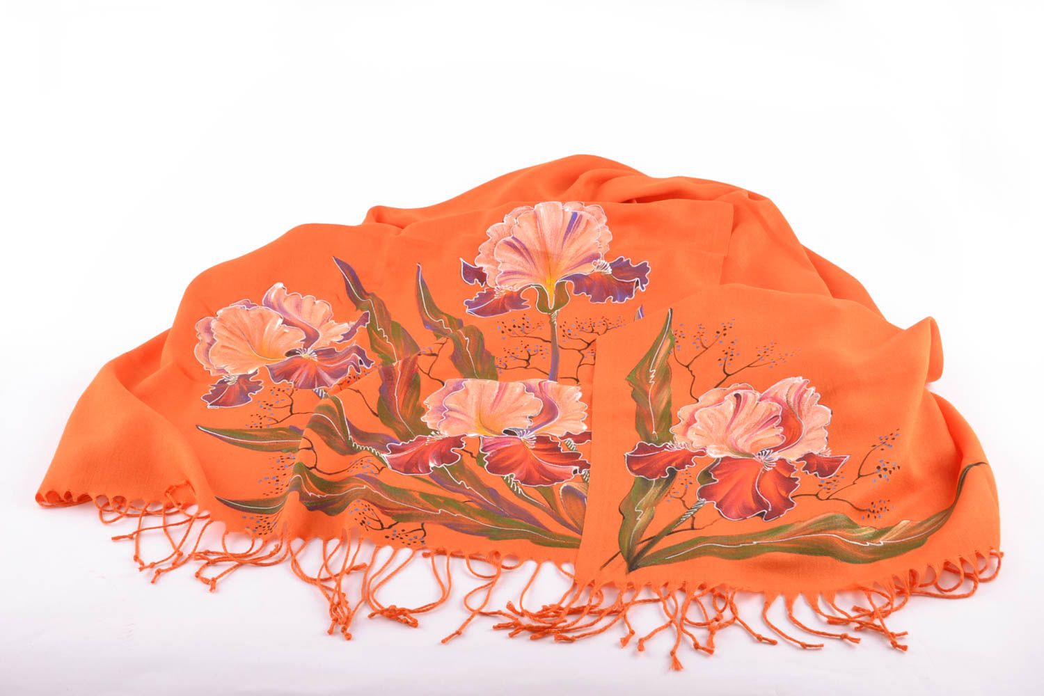 Теплый шарф из кашемира с росписью оранжевый  фото 3
