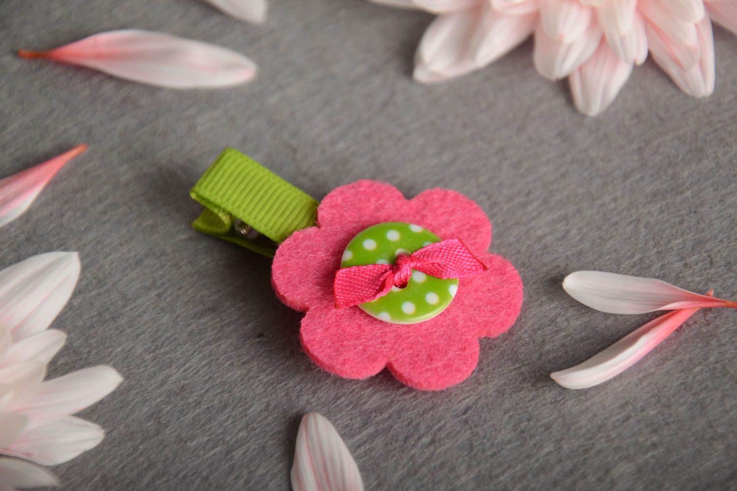 Designer hairpin with flower pink with green beautiful bright handmade barrette photo 1