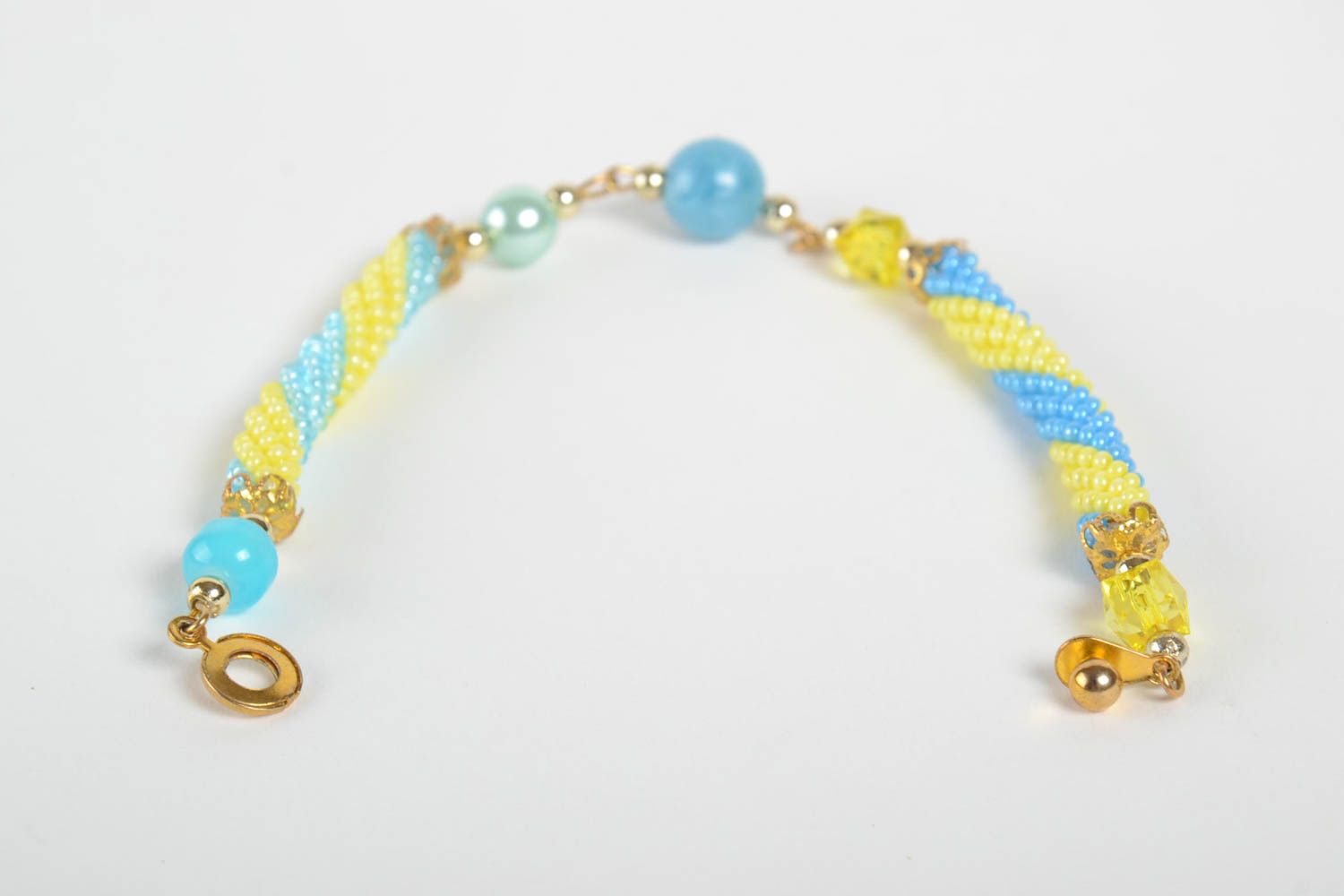 Bracelet perles de rocaille Bijou fait main bleu-jaune design Accessoire femme photo 5