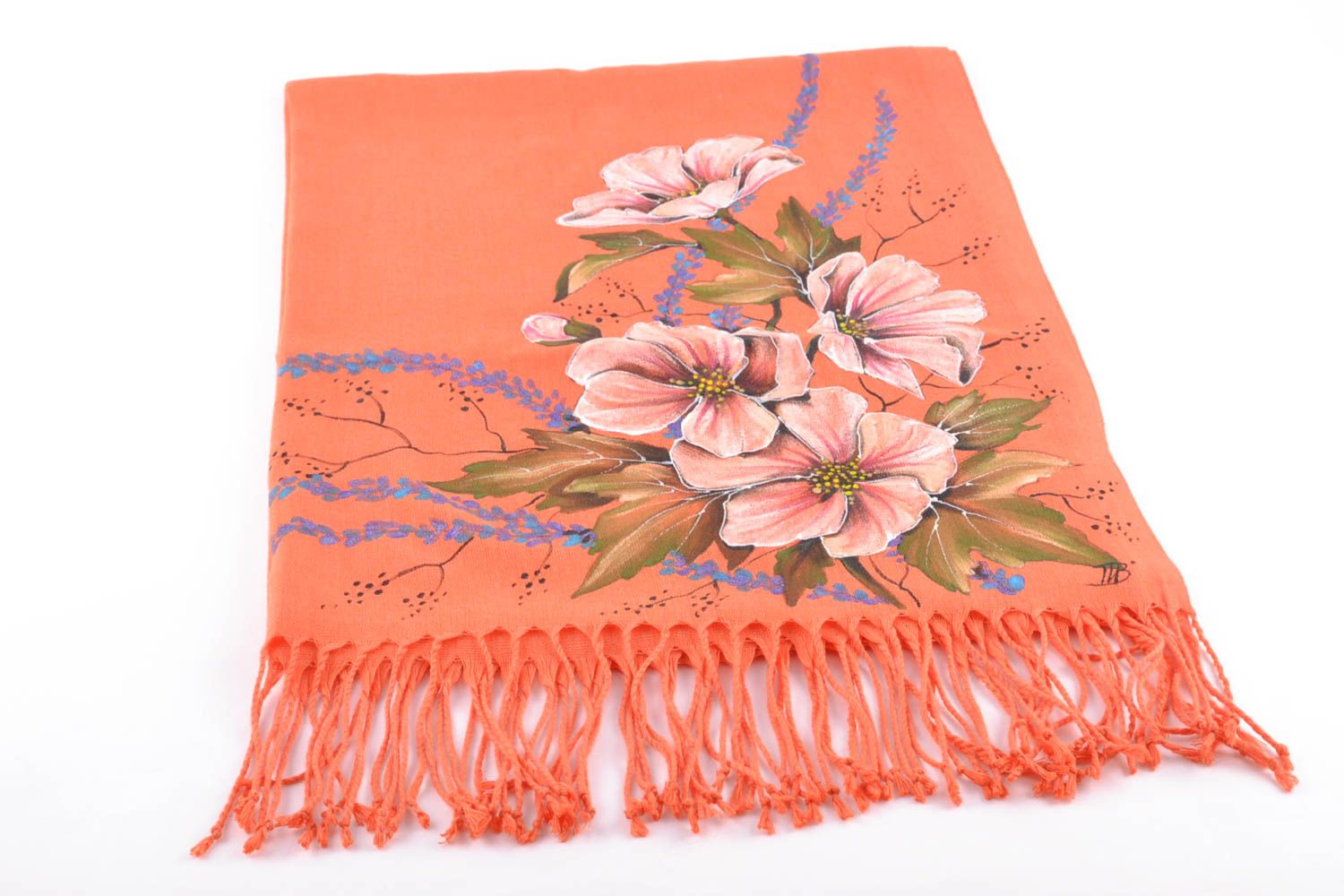 Foulard orange en cachemire avec fleurs peint fait main et original pour femme photo 2