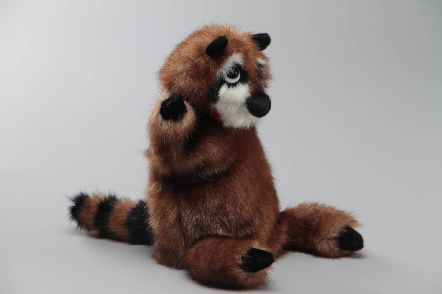 Handmade soft glove toy sewn of faux fur Raccoon for home puppet theater  photo 2