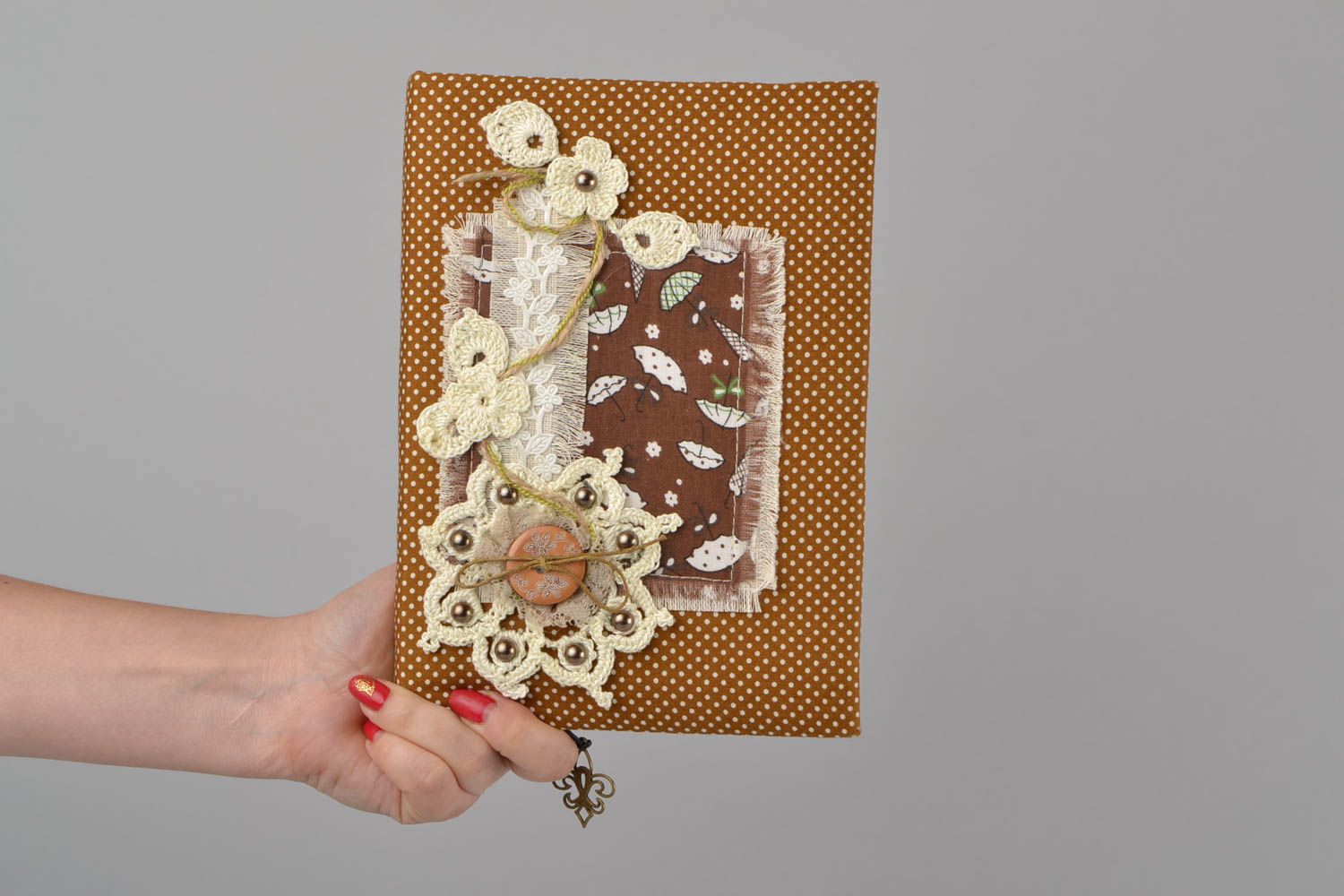 Handmade designer notebook with cotton fabric cover in brown color palette  photo 2