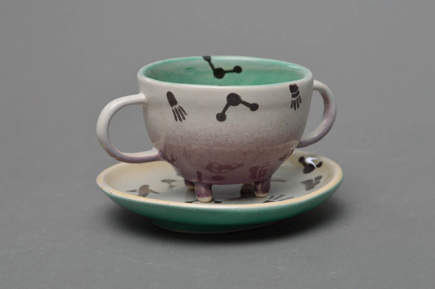 Unique glazed ceramic cup with handle and saucer for a boy photo 1