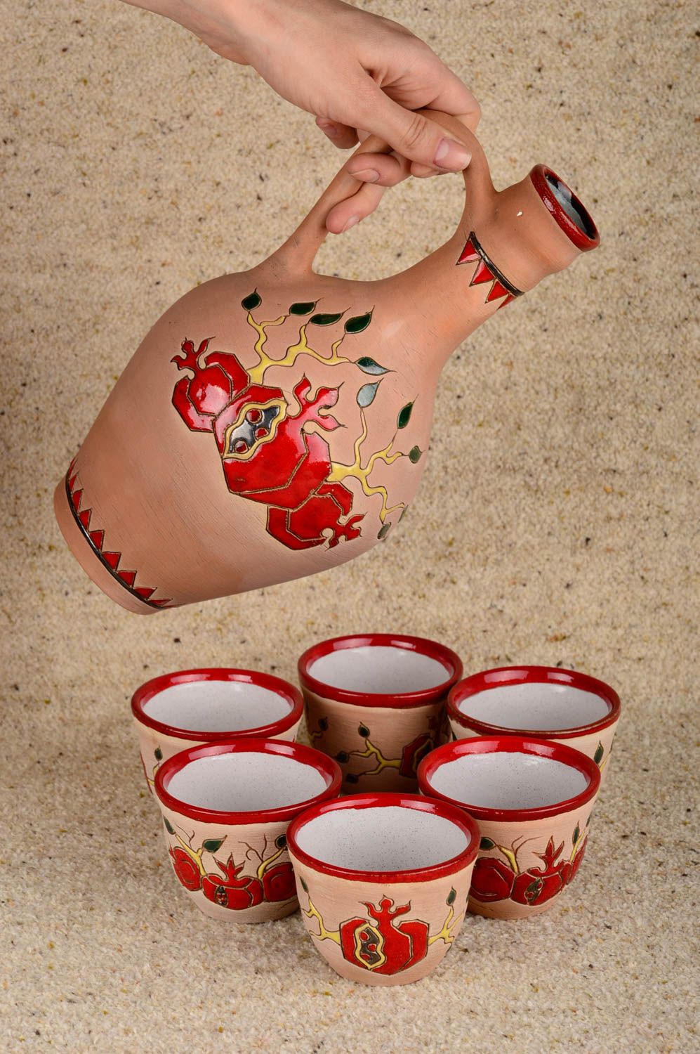 Посуда ручной работы глиняная посуда набор керамики большой кувшин и 6 чашек  фото 5
