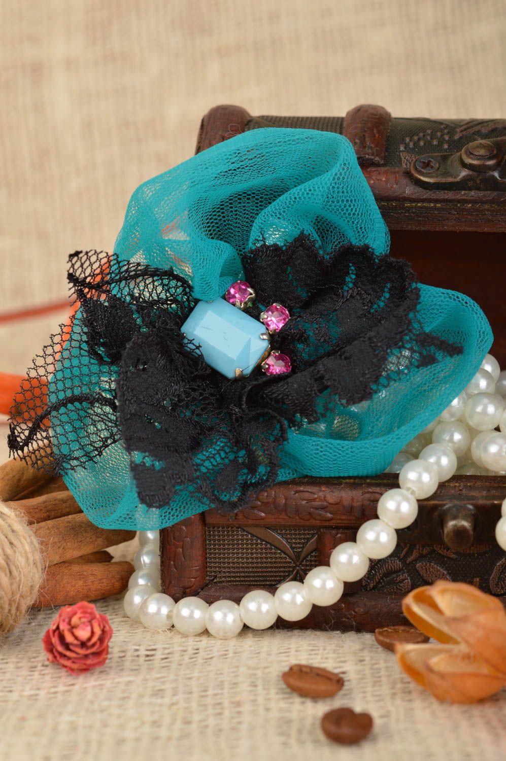 Handmade hairpin brooch in the form of flower of turquoise color and lace photo 1