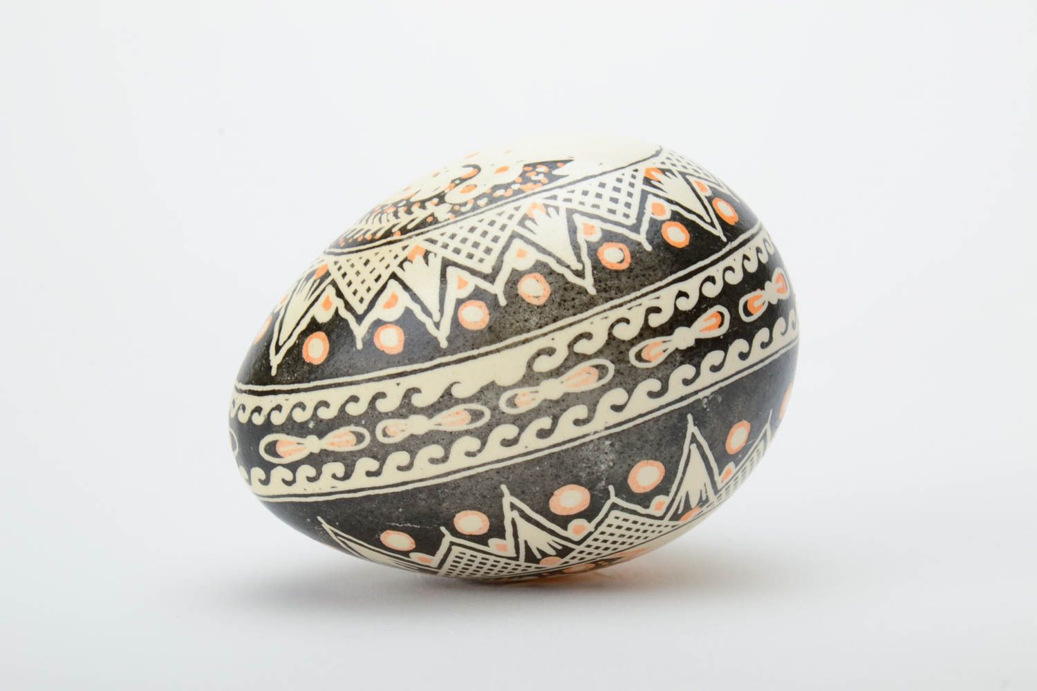 Handmade decorative souvenir Easter egg painted in black and beige colors  photo 3
