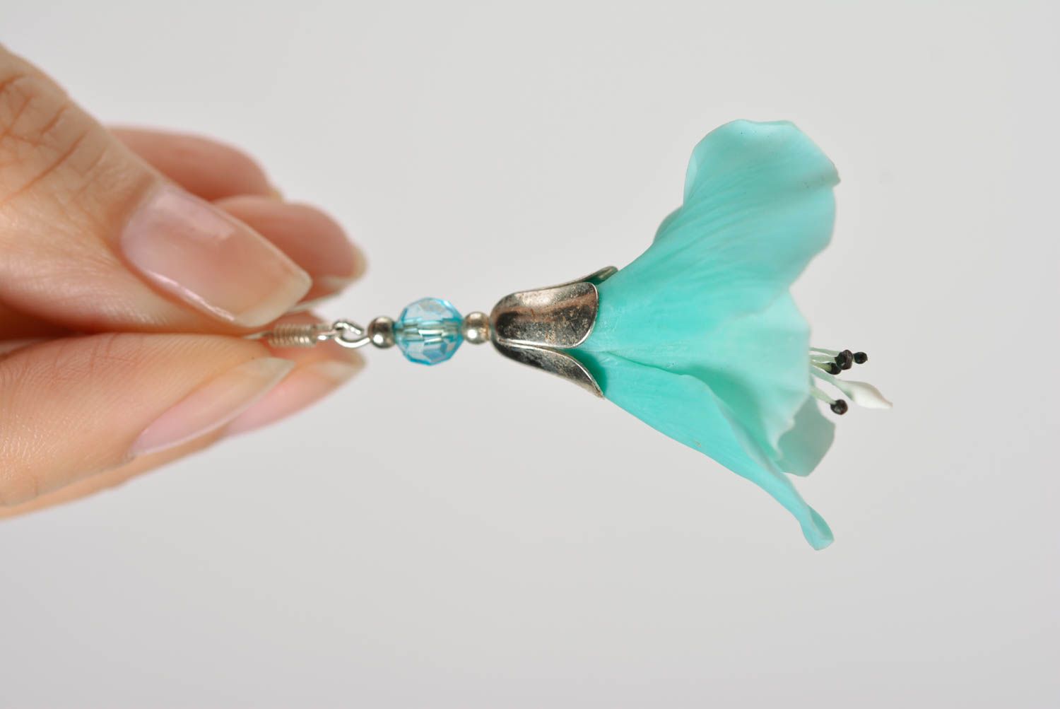 Beautiful blue handmade polymer clay flower earrings designer jewelry photo 5