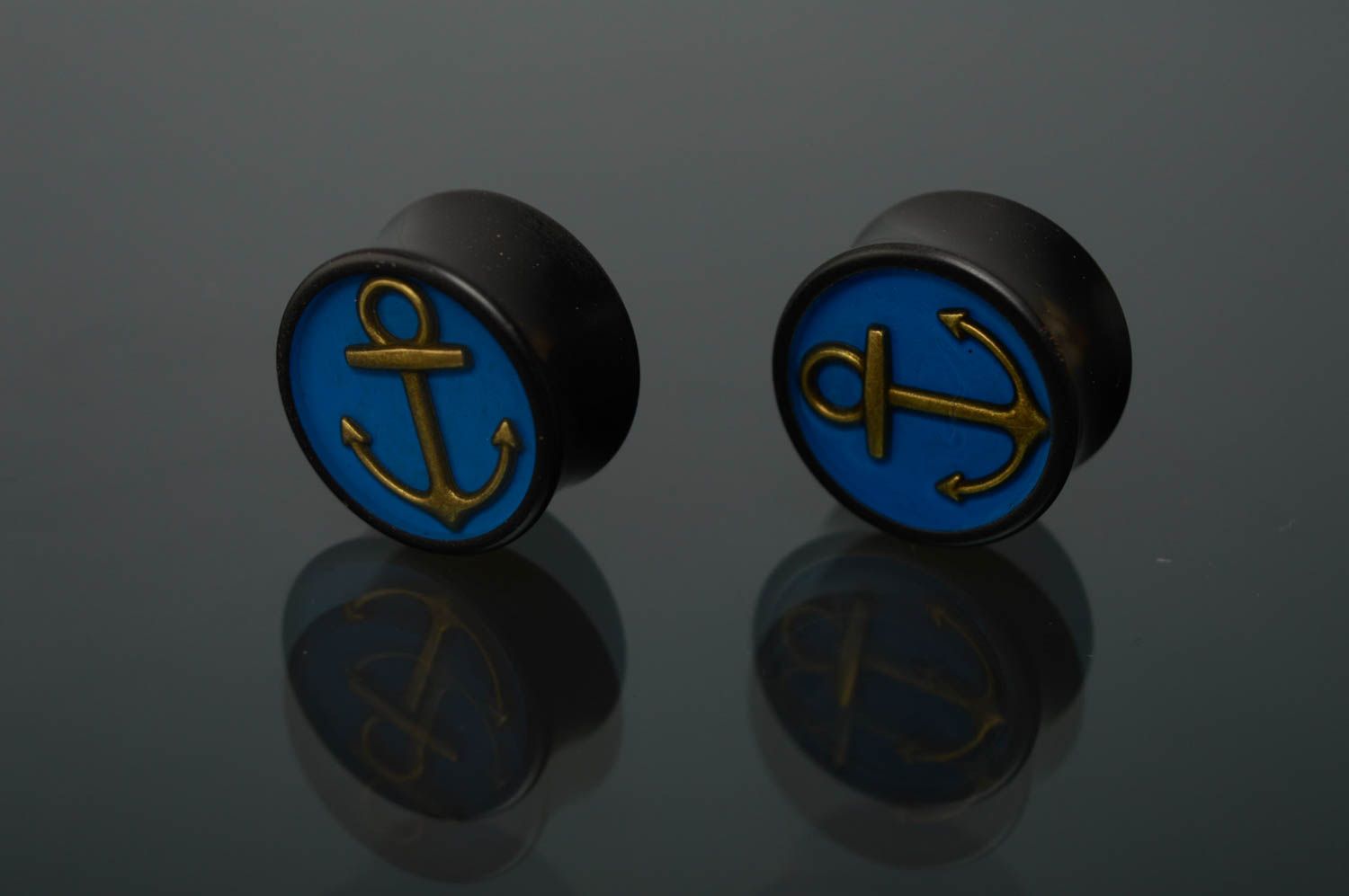 Piercings plugs faits main originaux noir bleu avec ancres Marin accessoire photo 2