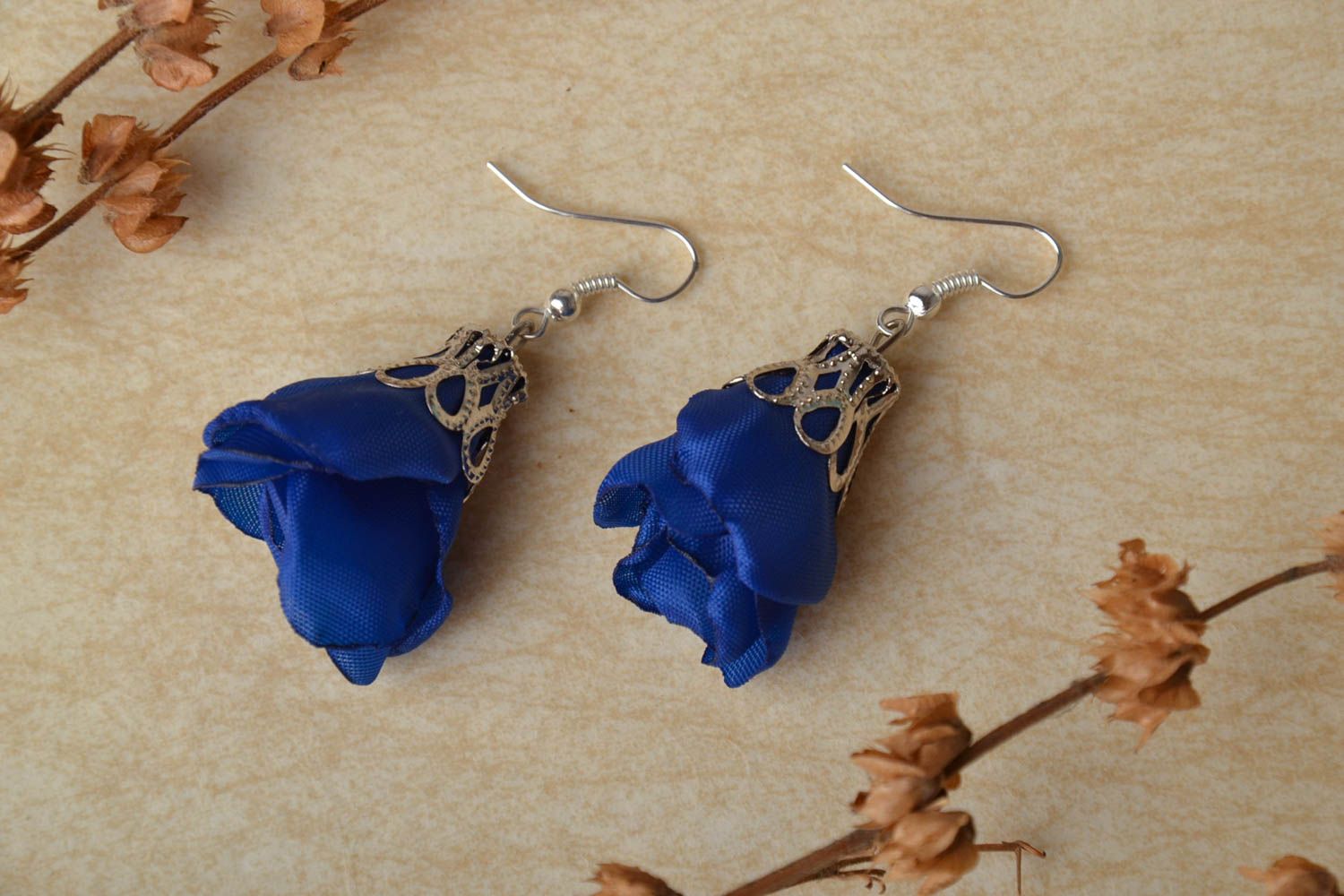 Blue satin ribbon flower earrings photo 1