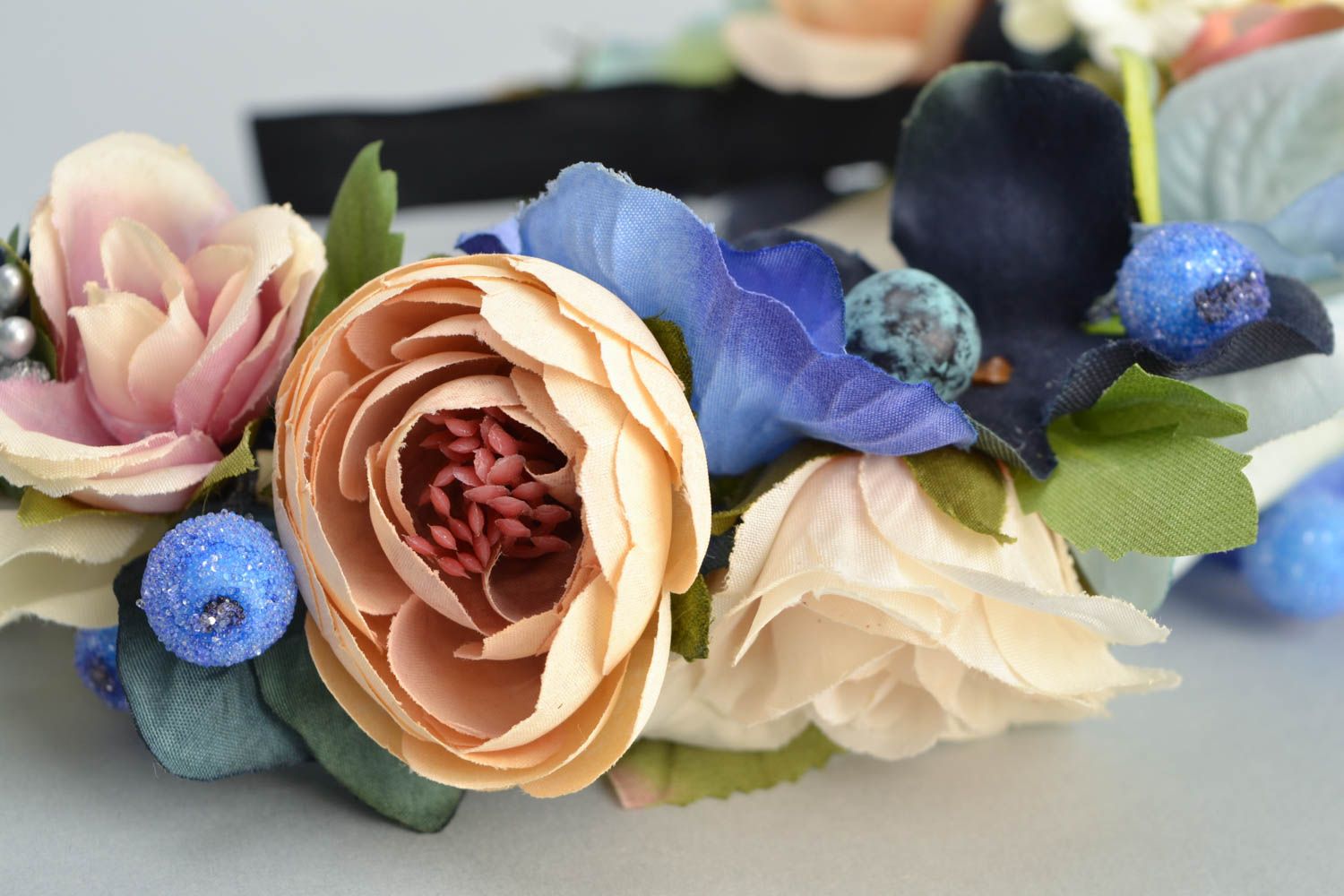 Unusual headband with artificial flowers and berries Blackberry Bouquet photo 4