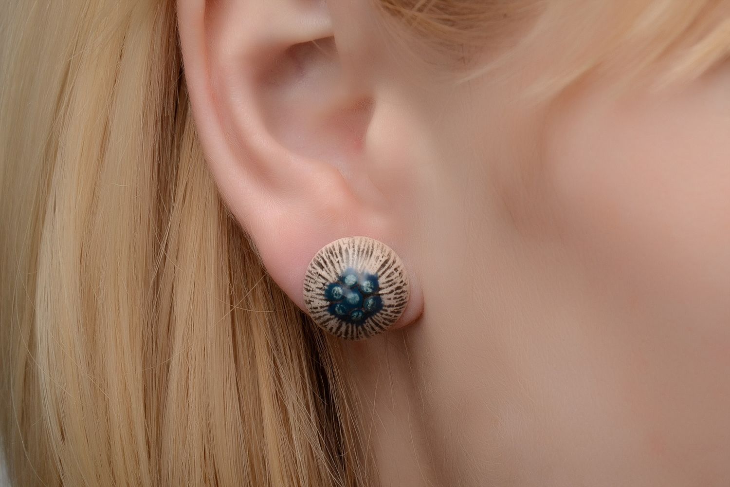 Handmade women's round stud earrings hand made of white clay and painted with enamels photo 2