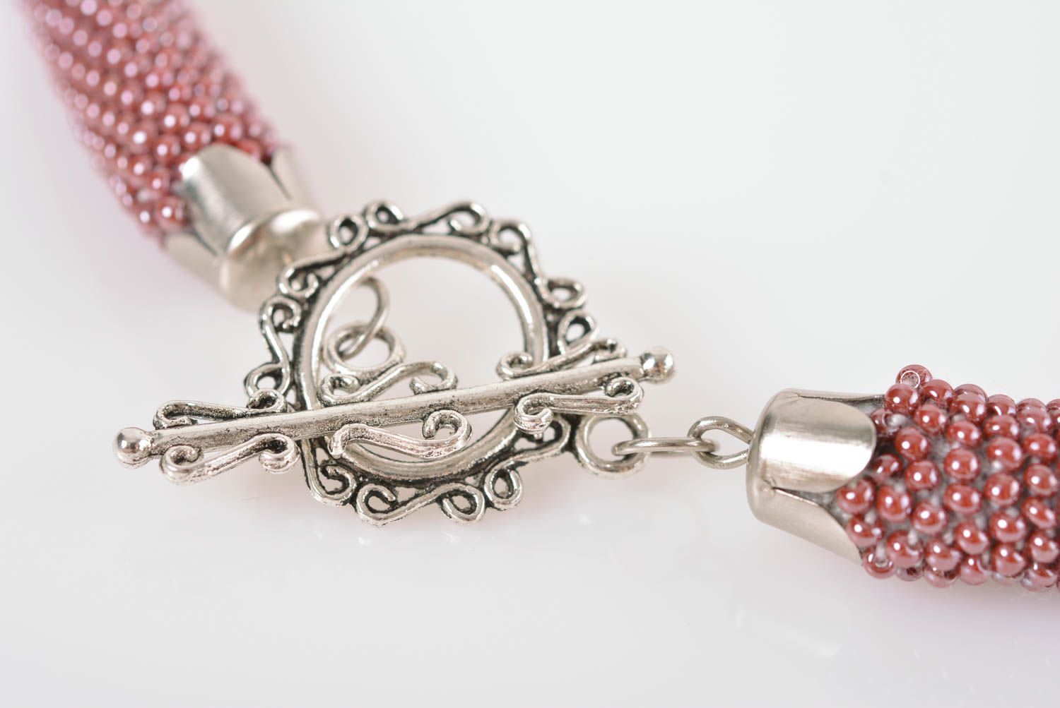 Handmade designer stylish pink beaded cord necklace with geometric ornament photo 4