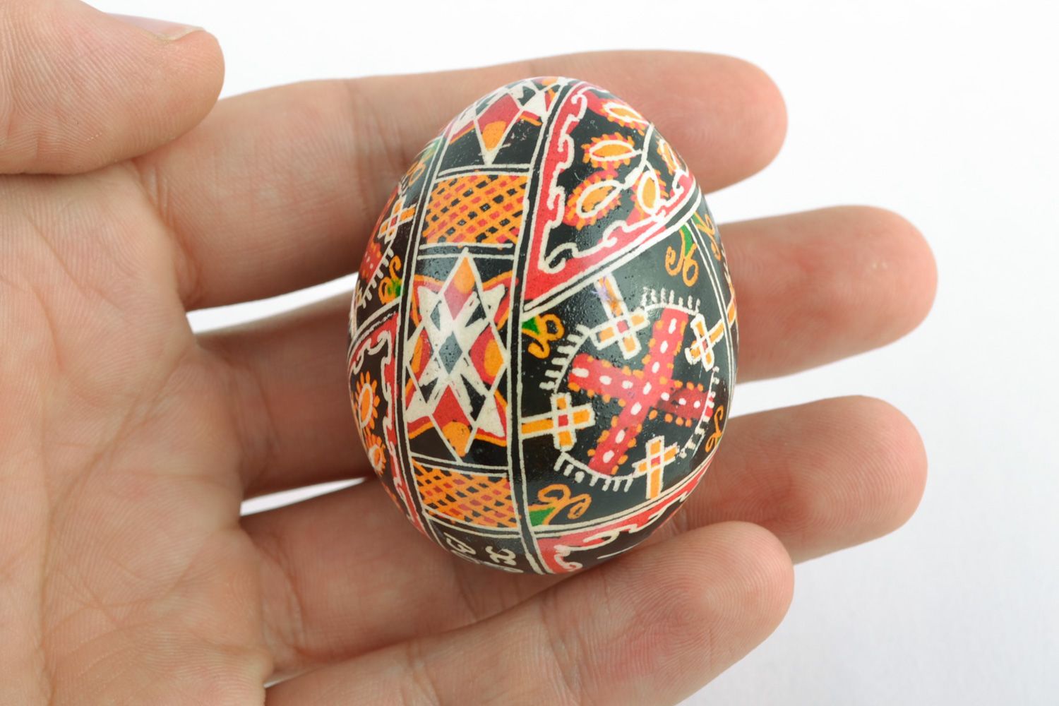 Handmade decorative painted chicken Easter egg with ornament on black background photo 2