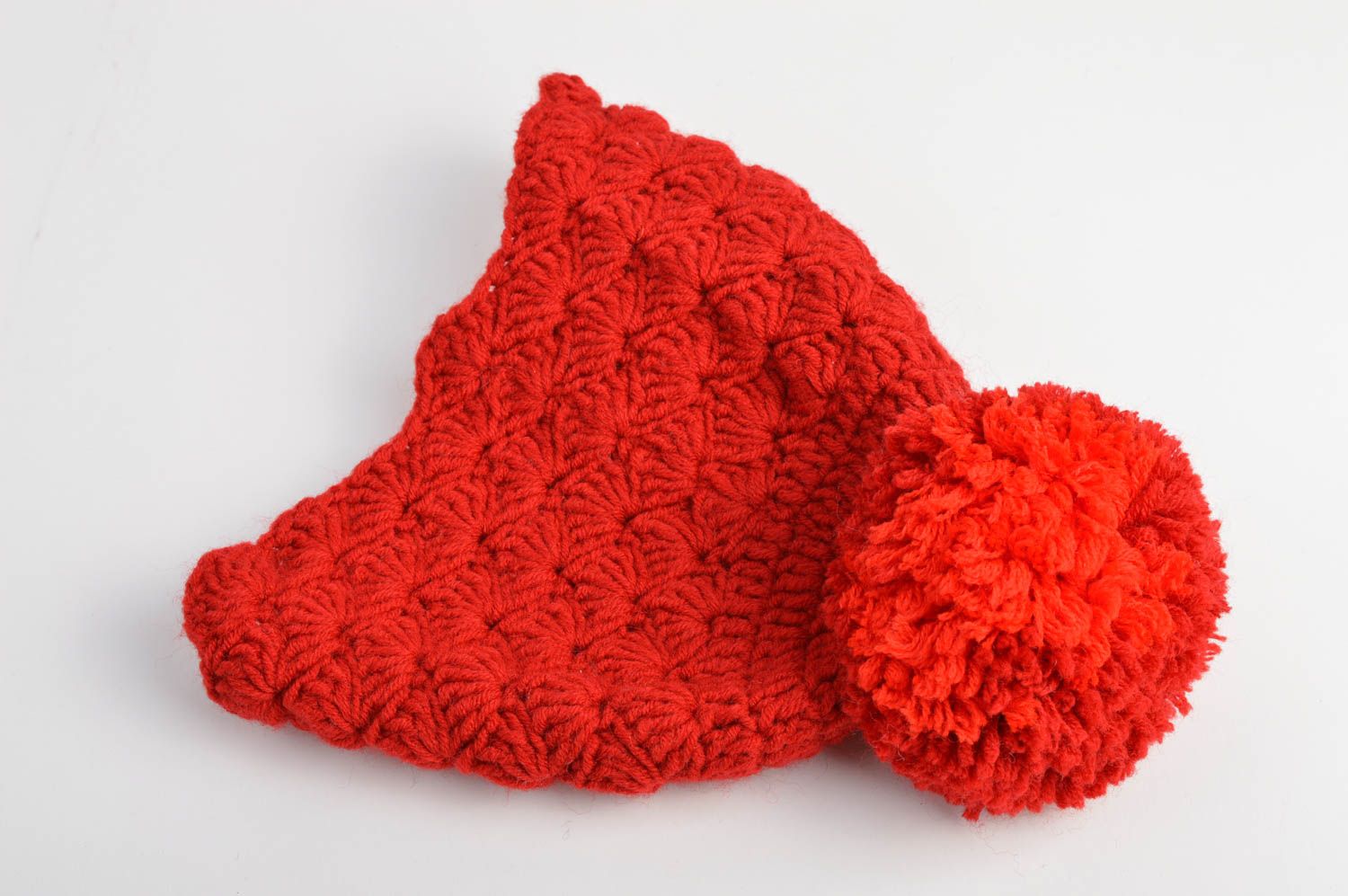 Bonnet tricot fait main Chapeau au crochet rouge pompon et fleur Vêtement fille photo 4